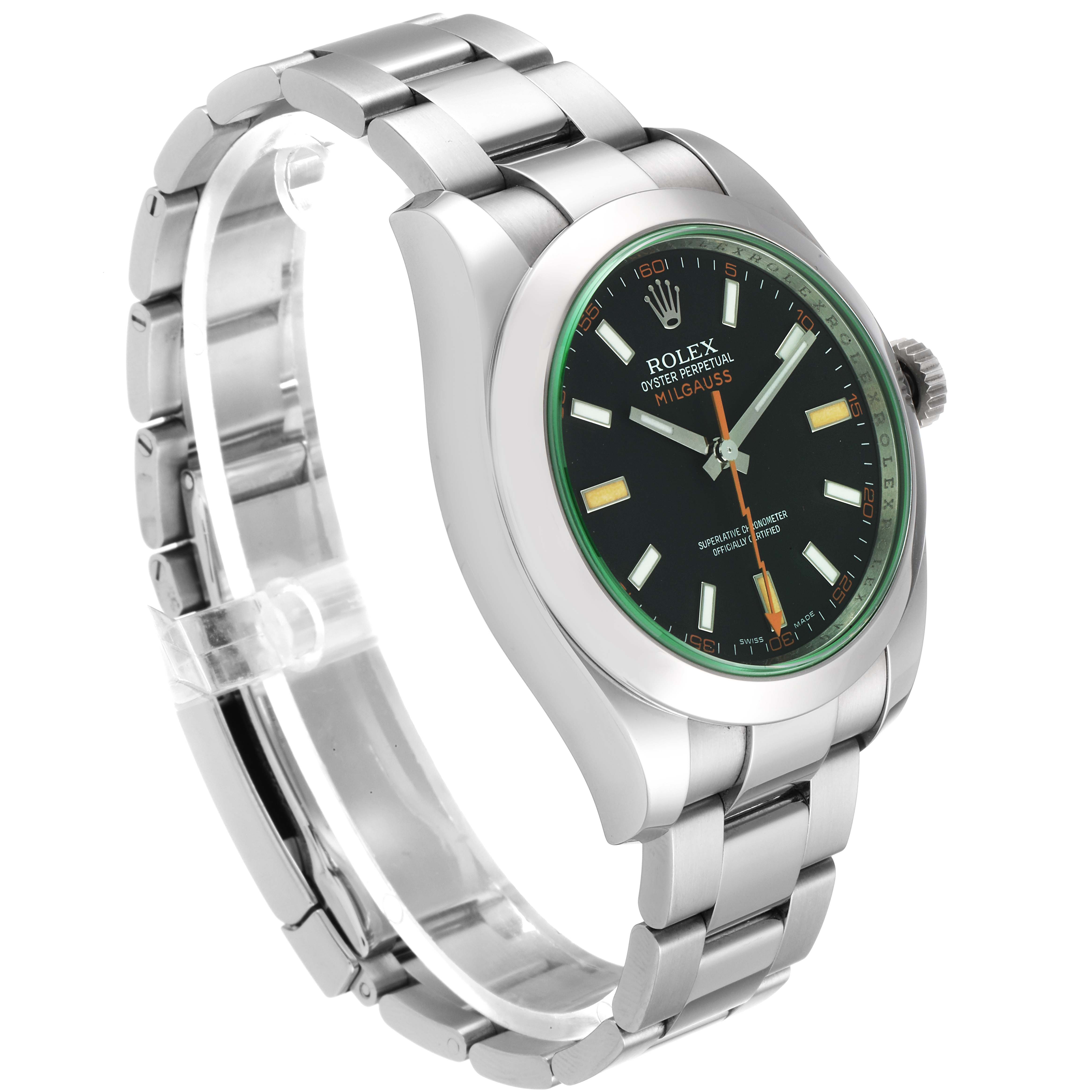 This image shows a side angle view of the Rolex Milgauss 116400V Men's Stainless Steel Black Dial 116400V Men's Stainless Steel Black Dial watch, featuring its dial, bezel, bracelet, and crown.