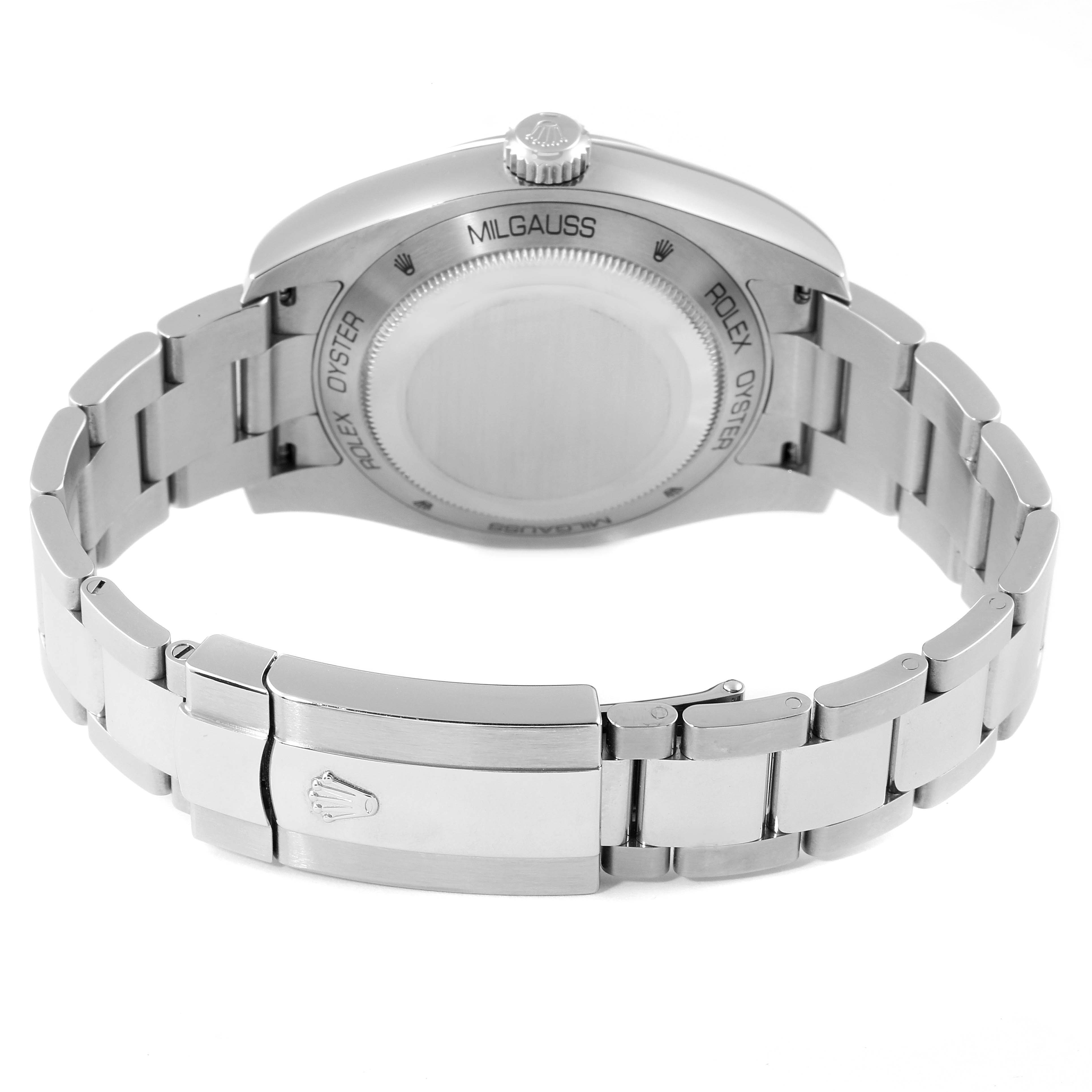 The image shows the Rolex Milgauss 116400V Men's Stainless Steel Black Dial 116400V Men's Stainless Steel Black Dial watch from the backside, displaying its case back and bracelet with the clasp detailed.