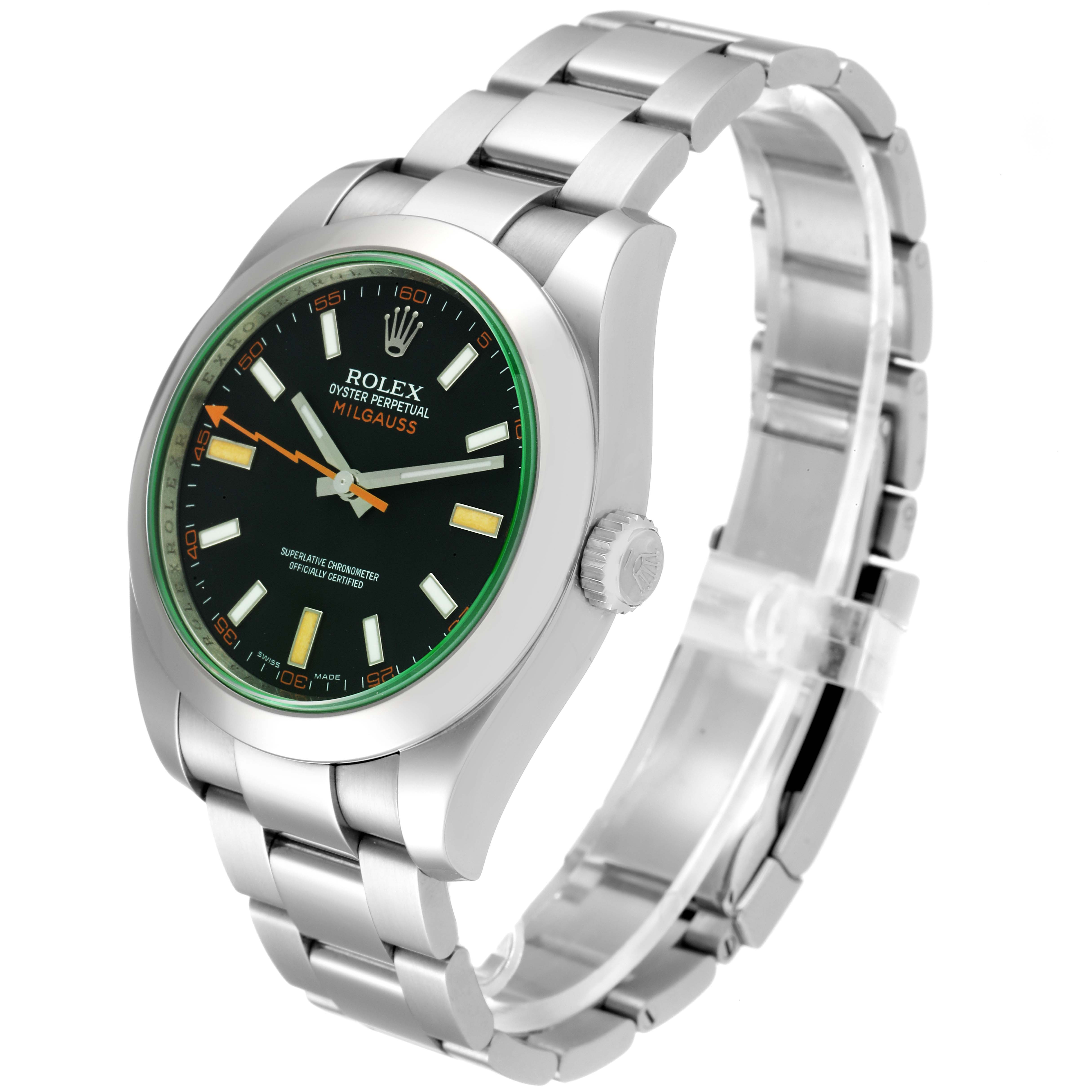 The Rolex Milgauss 116400V Men's Stainless Steel Black Dial 116400V Men's Stainless Steel Black Dial watch is shown at an angle displaying its face, bezel, crown, and bracelet.
