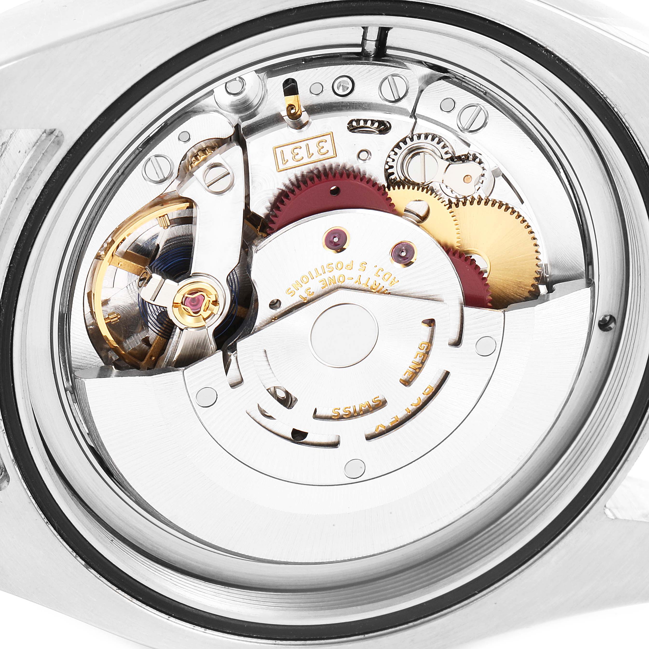 The image shows the internal mechanism and movement of the Rolex Milgauss 116400V Men's Stainless Steel Black Dial 116400V Men's Stainless Steel Black Dial watch from the back angle.