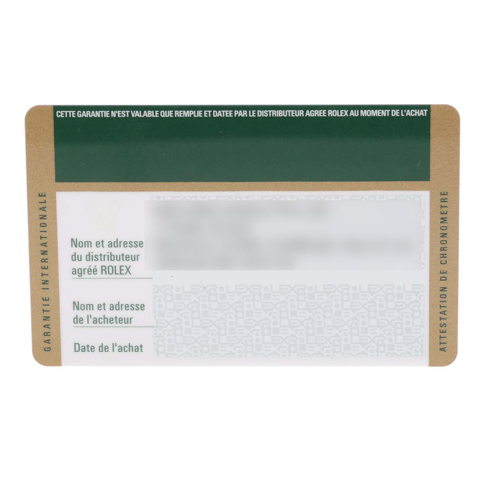 This image shows a guarantee card from Rolex for the Milgauss model, featuring sections for distributor, buyer details, and purchase date.