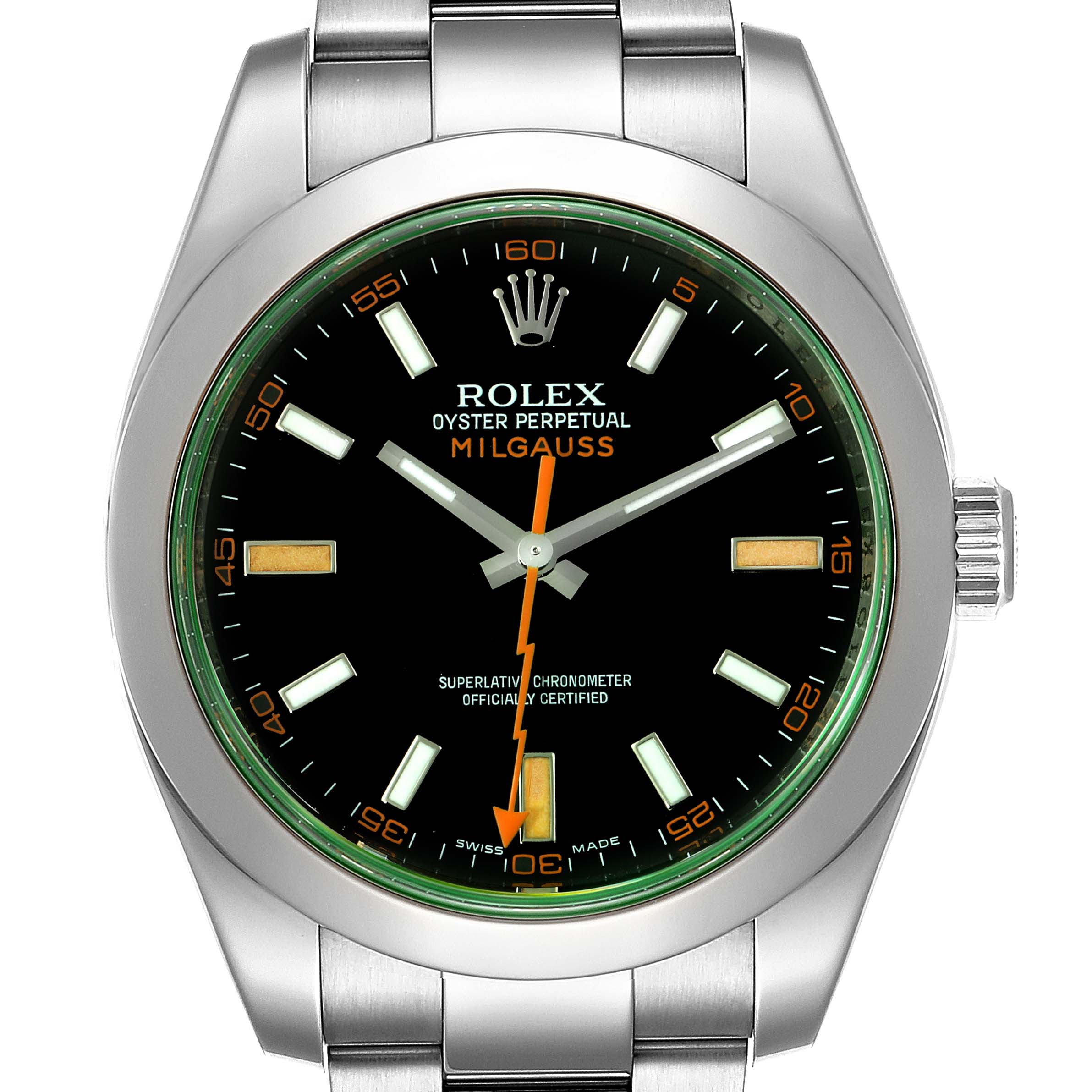 The image shows a front view of the Rolex Milgauss 116400V Men's Stainless Steel Black Dial 116400V Men's Stainless Steel Black Dial watch, displaying the dial, hands, bezel, and part of the bracelet.
