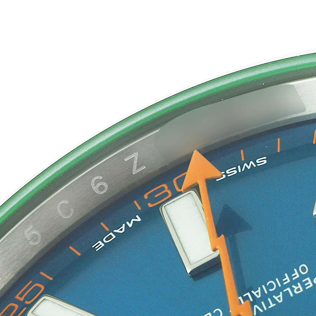 This close-up image showcases the dial, markers, and green bezel of the Rolex Milgauss 116400GV Men's Stainless Steel Blue Dial 116400GV Men's Stainless Steel Blue Dial watch.