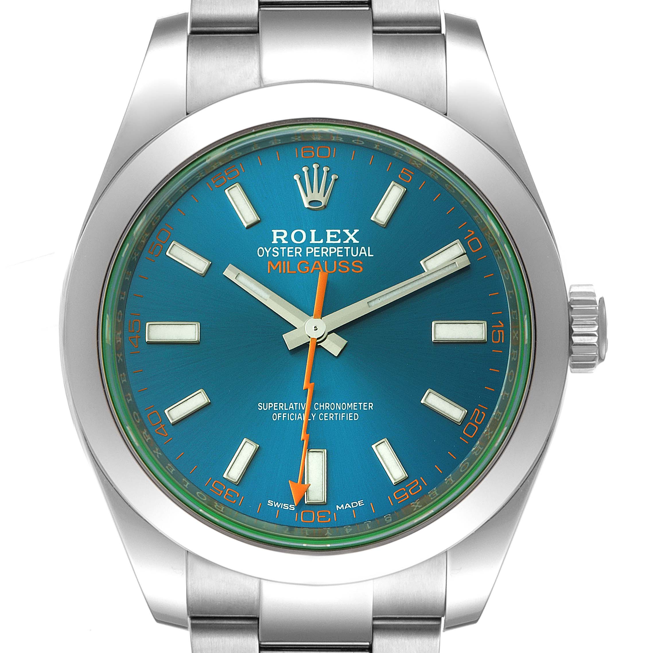 The image shows a front view of the Rolex Milgauss 116400GV Men's Stainless Steel Blue Dial 116400GV Men's Stainless Steel Blue Dial watch, highlighting the dial, hands, and part of the bracelet.