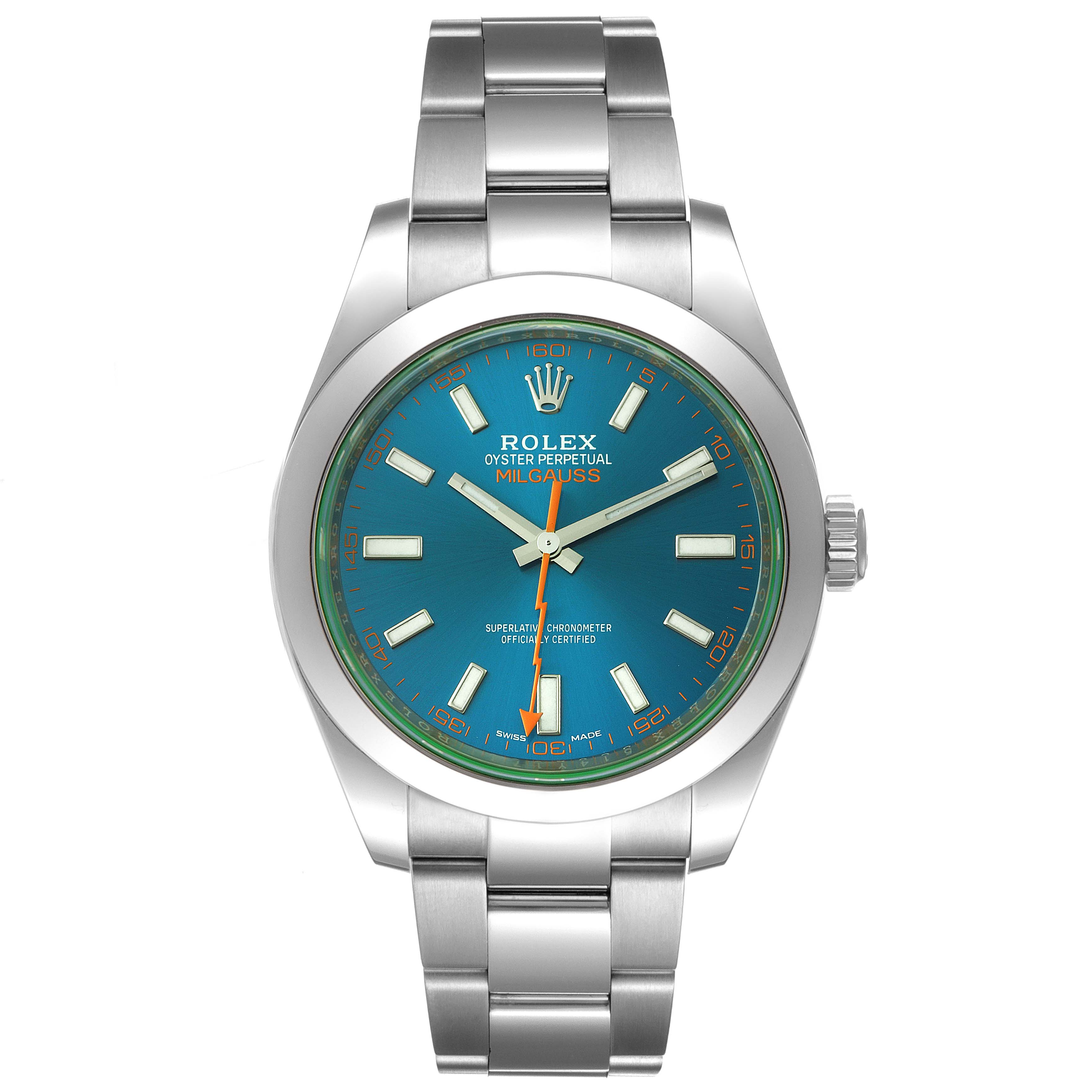 This Rolex Milgauss 116400GV Men's Stainless Steel Blue Dial 116400GV Men's Stainless Steel Blue Dial watch is shown from a straight-on angle, displaying the dial, case, and bracelet.