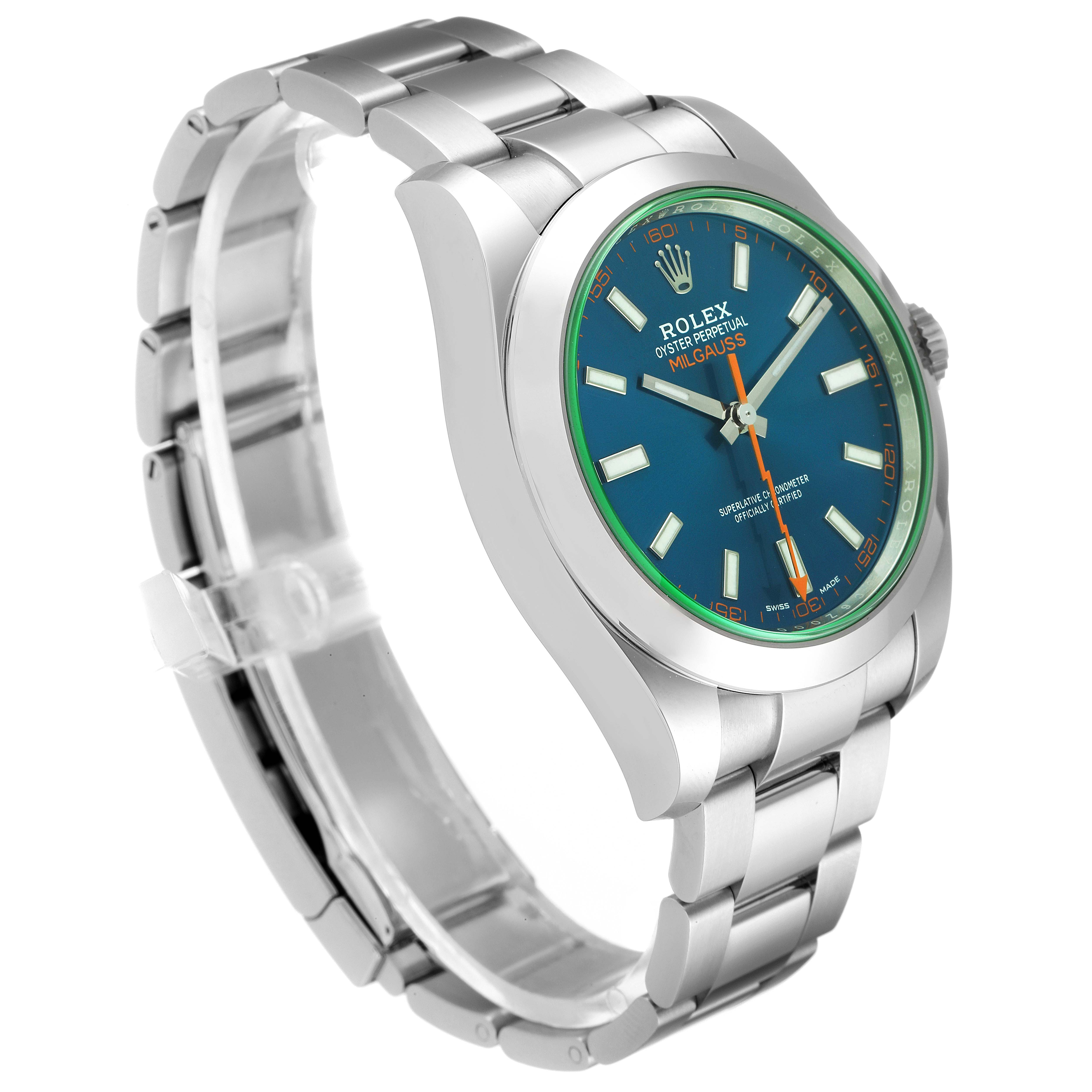The Rolex Milgauss 116400GV Men's Stainless Steel Blue Dial 116400GV Men's Stainless Steel Blue Dial watch is shown at an oblique angle, displaying the face, strap, and side profile.