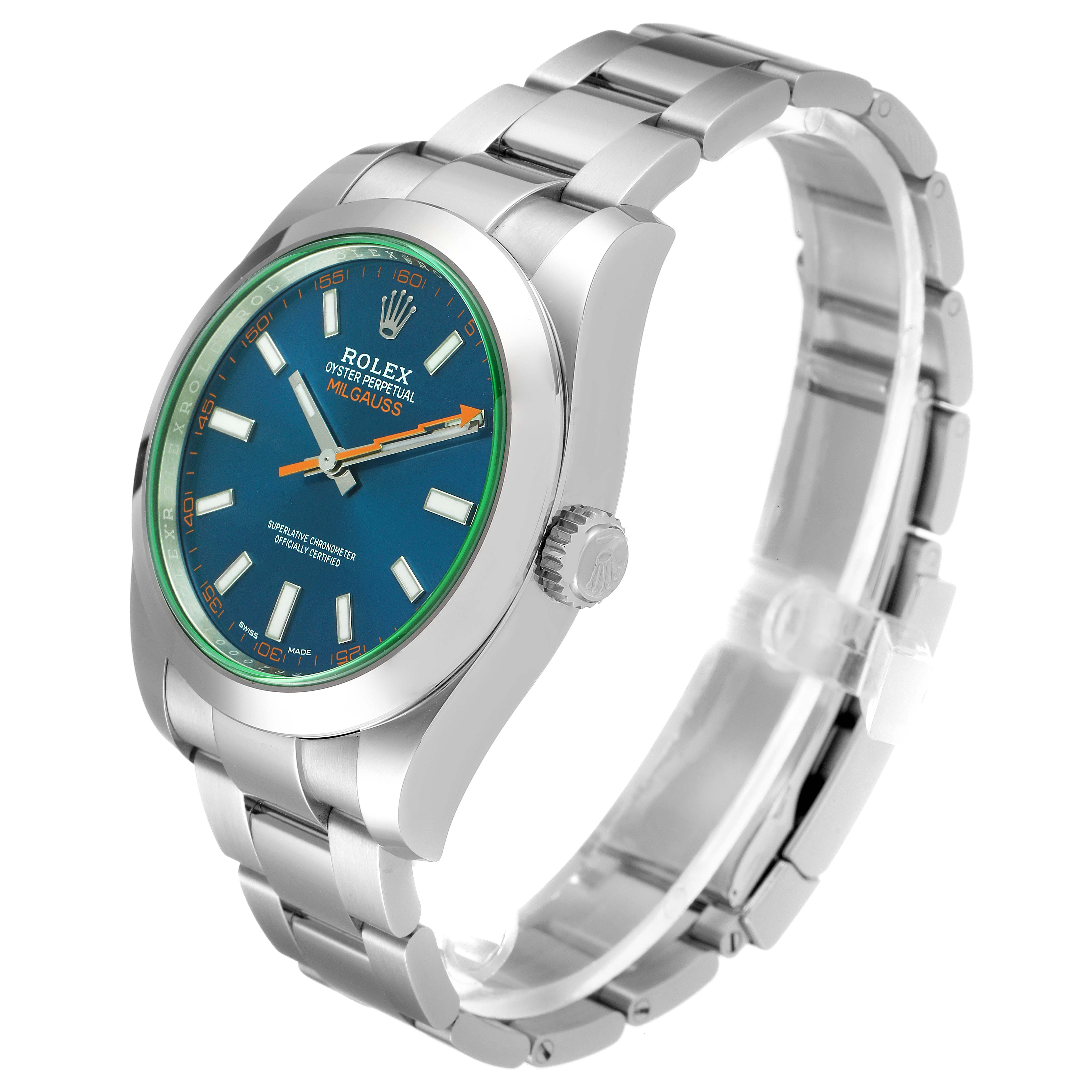 The photo shows a Rolex Milgauss 116400GV Men's Stainless Steel Blue Dial 116400GV Men's Stainless Steel Blue Dial watch from a front side angle, highlighting the face, bezel, case, and bracelet.