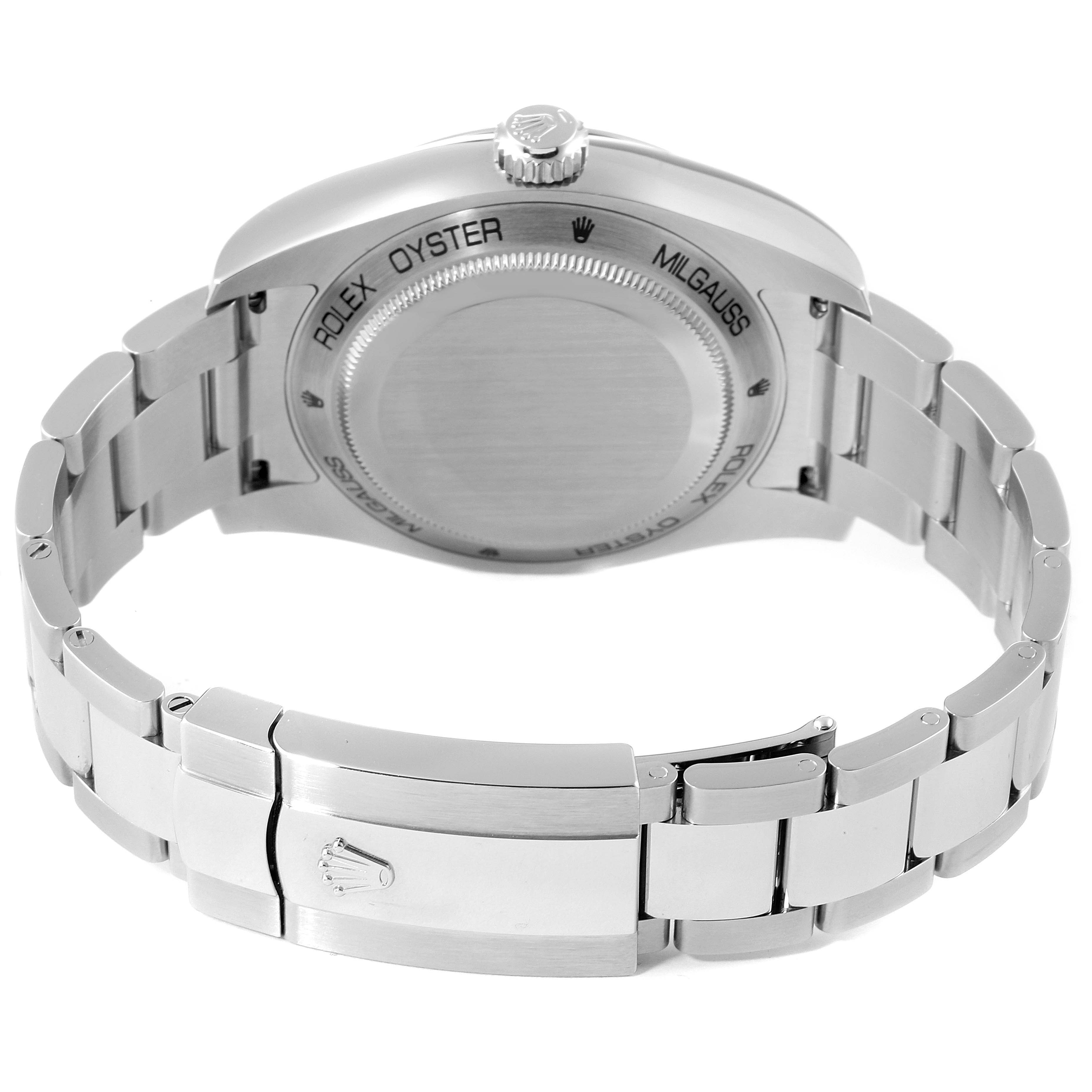 This image shows the back and bracelet clasp of the Rolex Milgauss 116400GV Men's Stainless Steel Blue Dial 116400GV Men's Stainless Steel Blue Dial watch.