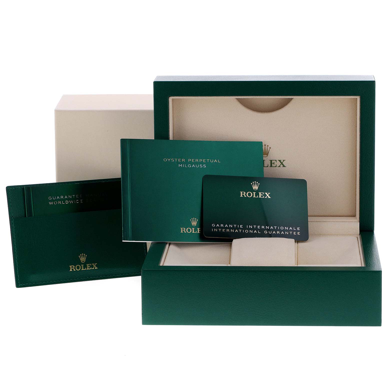 The image shows the box, guarantee card, and manual for the Rolex Milgauss 116400GV Men's Stainless Steel Blue Dial 116400GV Men's Stainless Steel Blue Dial.