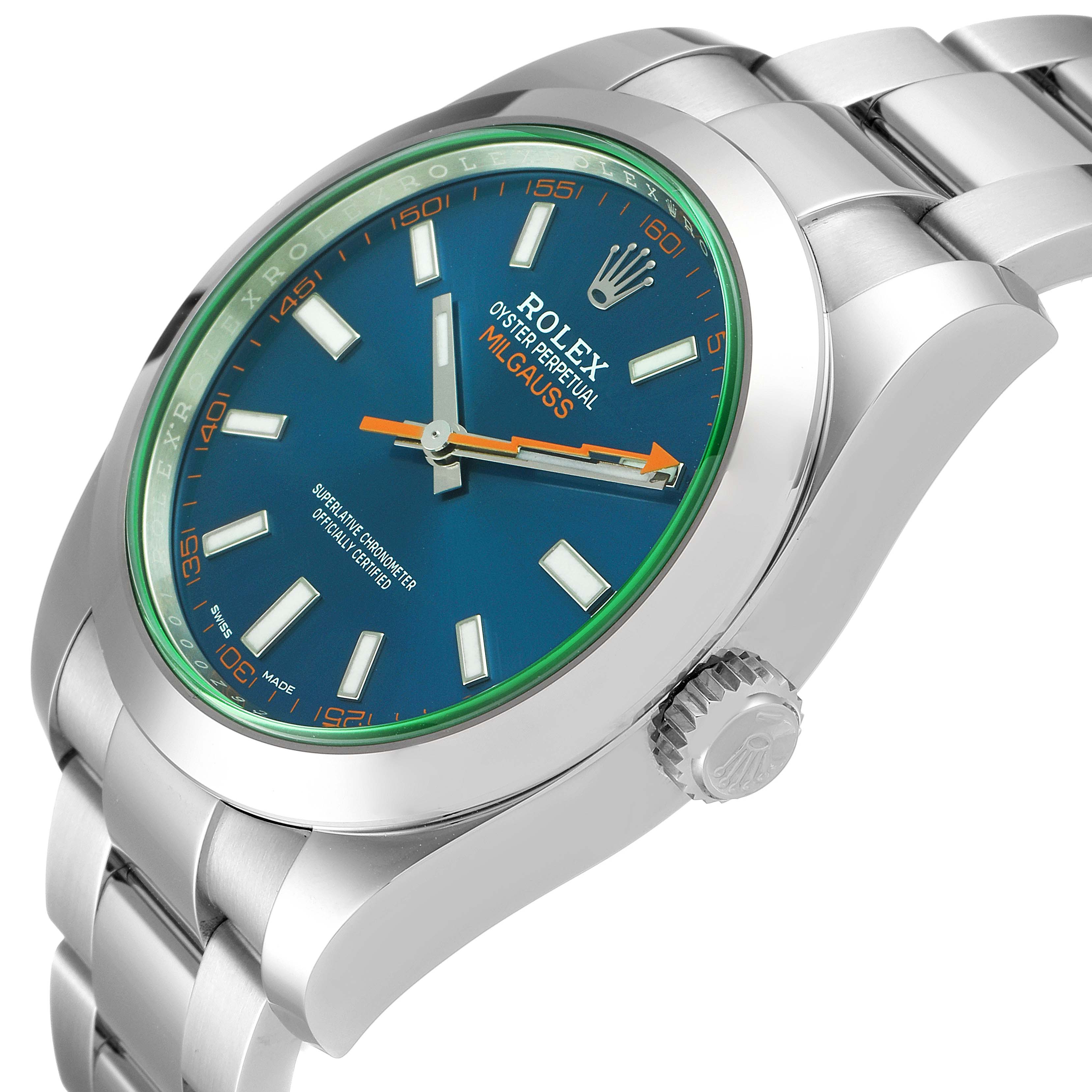 The image shows a Rolex Milgauss 116400GV Men's Stainless Steel Blue Dial 116400GV Men's Stainless Steel Blue Dial watch angled to display the face, crown, and part of the bracelet.