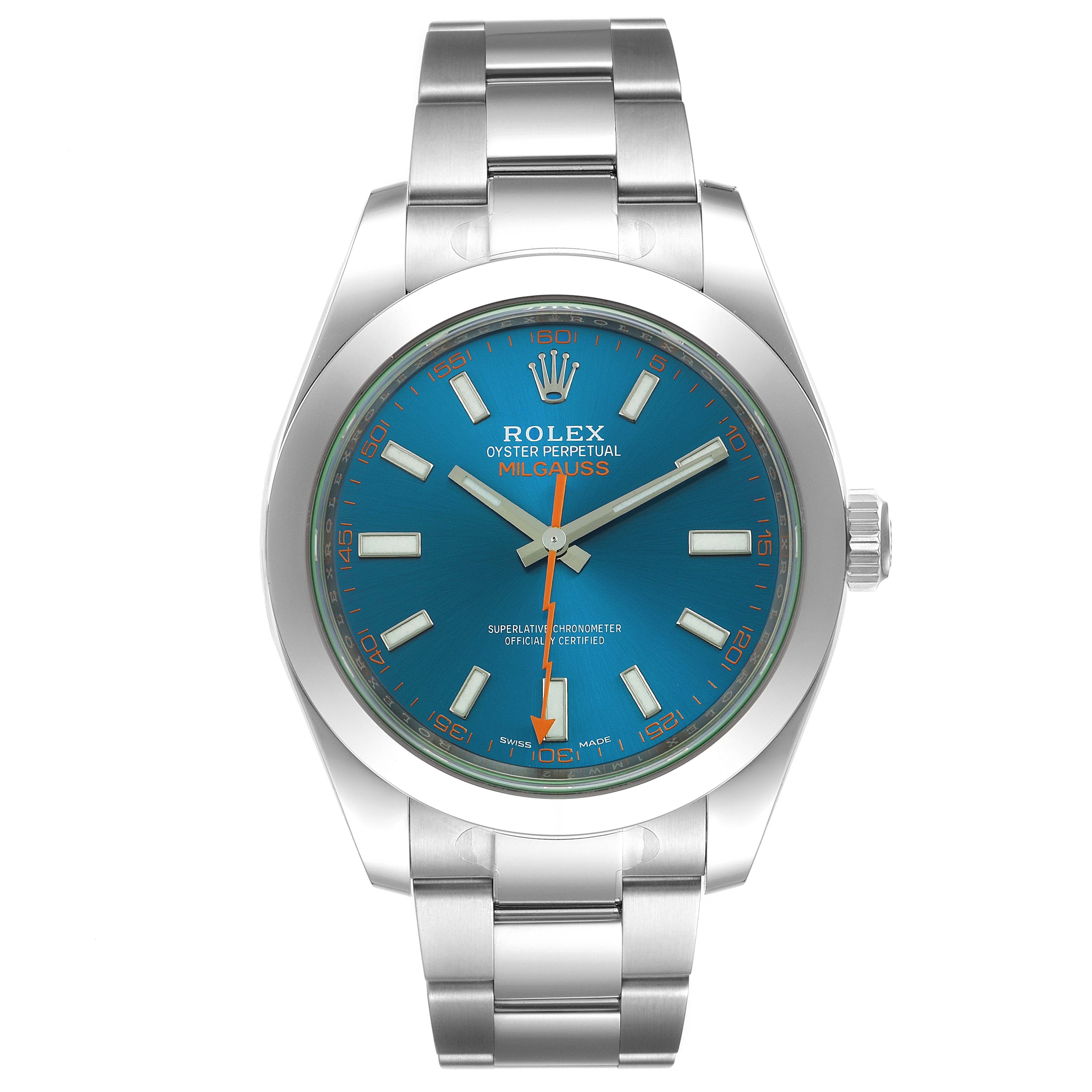This image shows a front view of the Rolex Milgauss 116400GV Men
s Stainless Steel Blue Dial 116400GV Men
s Stainless Steel Blue Dial watch featuring a blue dial with an orange seconds hand and a stainless steel bracelet.