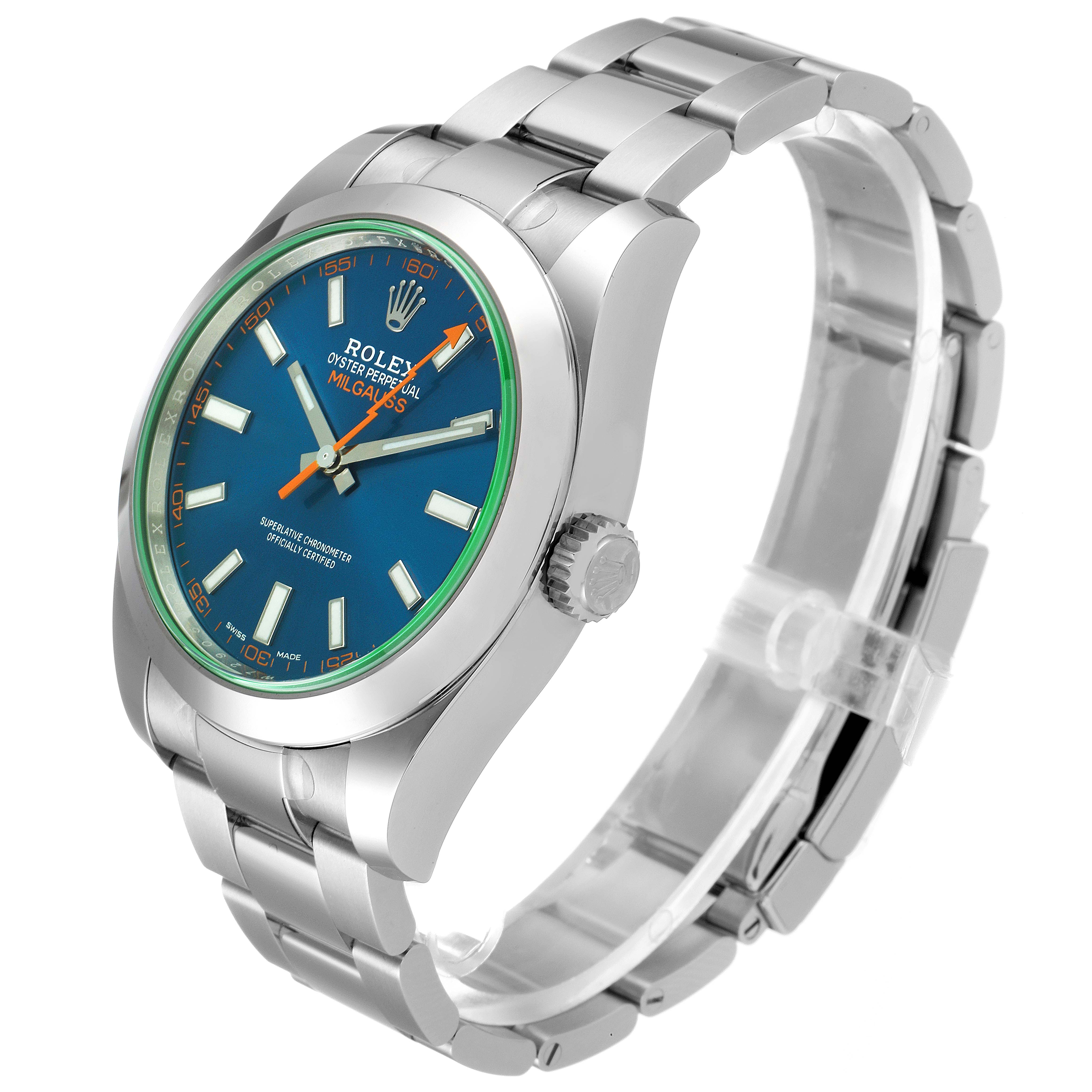 This image shows a Rolex Milgauss 116400GV Men
s Stainless Steel Blue Dial 116400GV Men
s Stainless Steel Blue Dial watch from an angled side view, highlighting the face, bezel, crown, and bracelet.