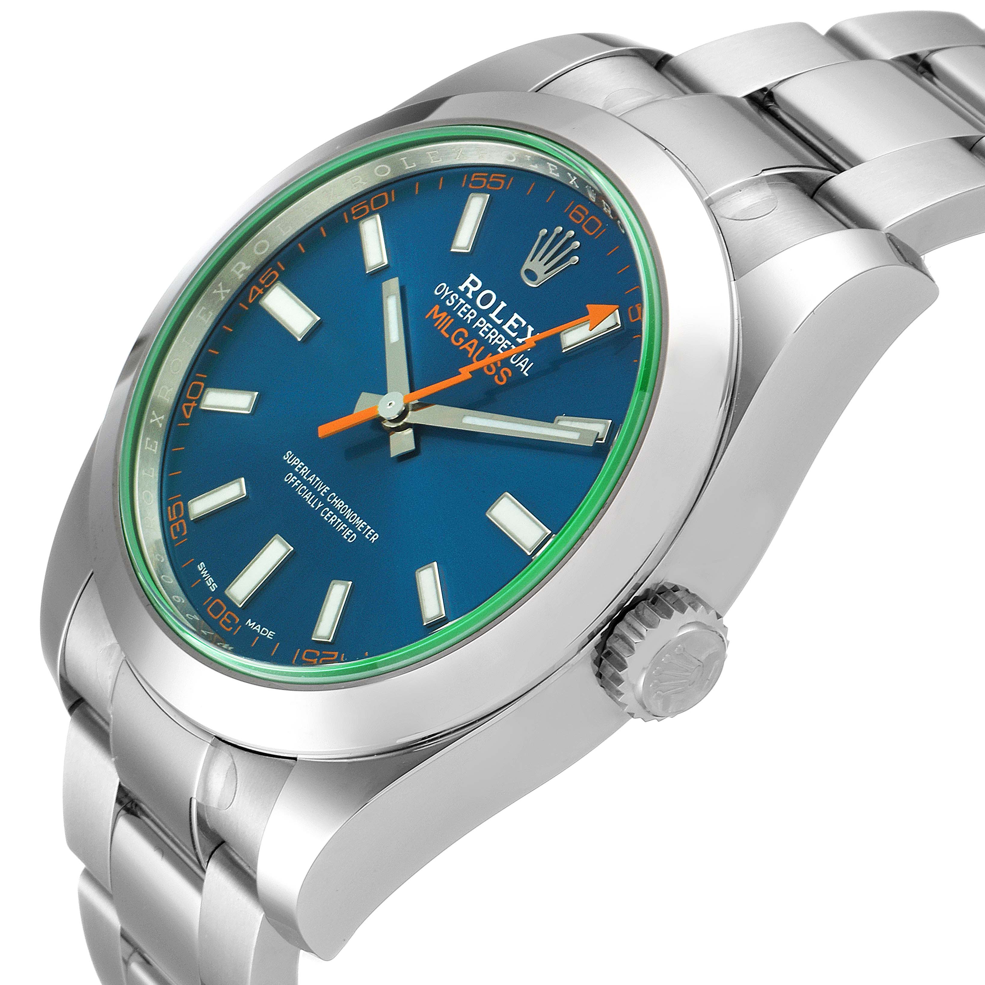 The image shows a Rolex Milgauss 116400GV Men
s Stainless Steel Blue Dial 116400GV Men
s Stainless Steel Blue Dial watch angled from the front-left, highlighting its blue dial, crown, and metal bracelet.