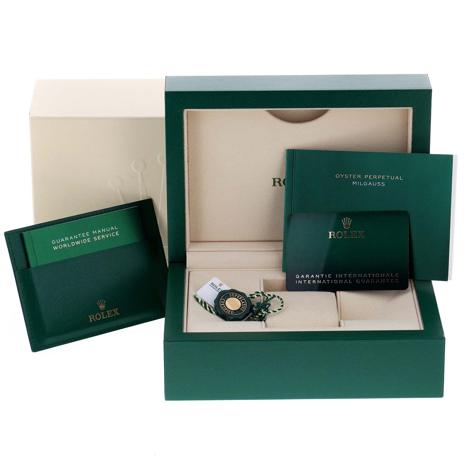 This image shows the packaging, guarantee manual, tags, and accessories for a Rolex Milgauss 116400GV Men
s Stainless Steel Blue Dial 116400GV Men
s Stainless Steel Blue Dial watch.