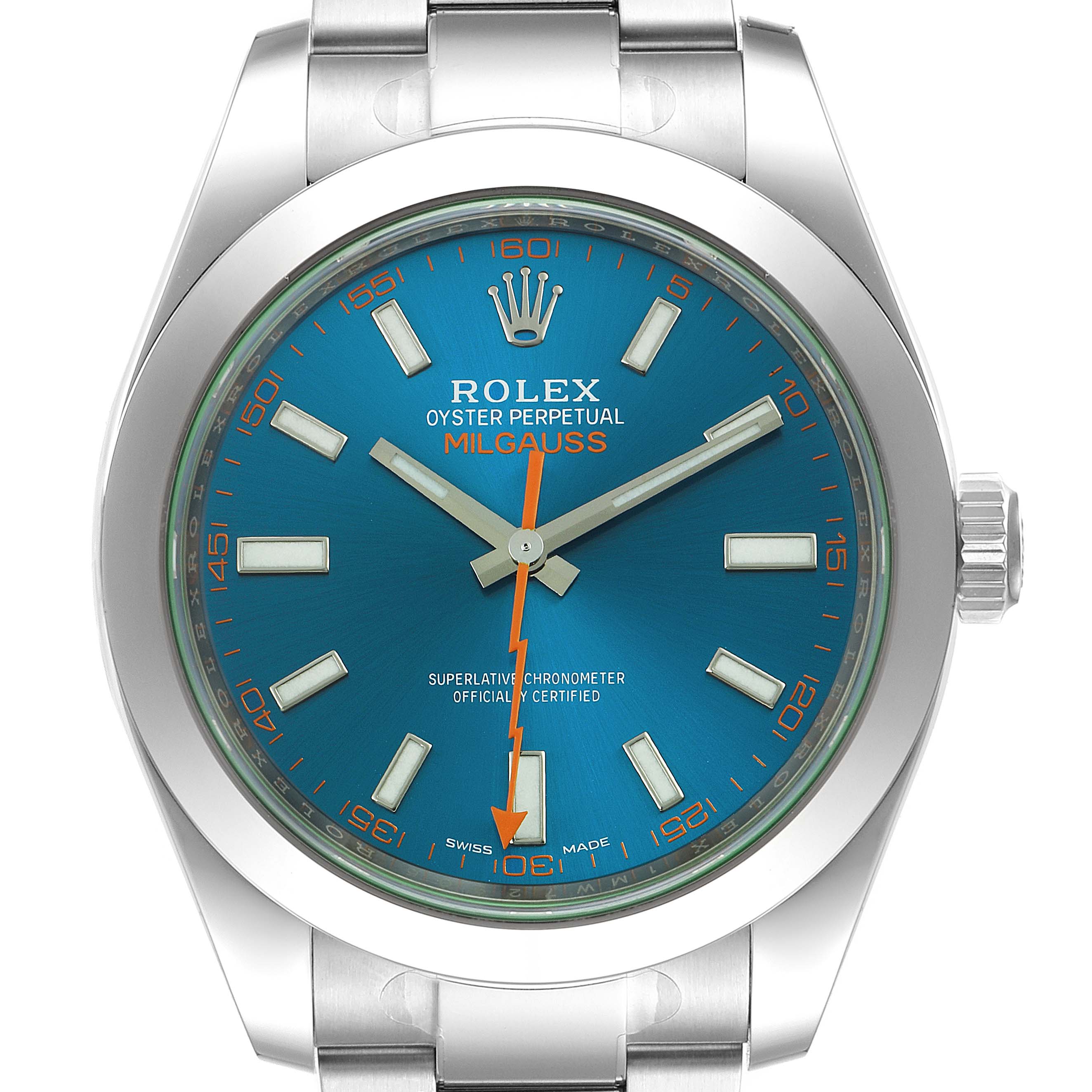 This image shows a front view of the Rolex Milgauss 116400GV Men
s Stainless Steel Blue Dial 116400GV Men
s Stainless Steel Blue Dial watch, highlighting the blue dial, orange seconds hand, and stainless steel case.
