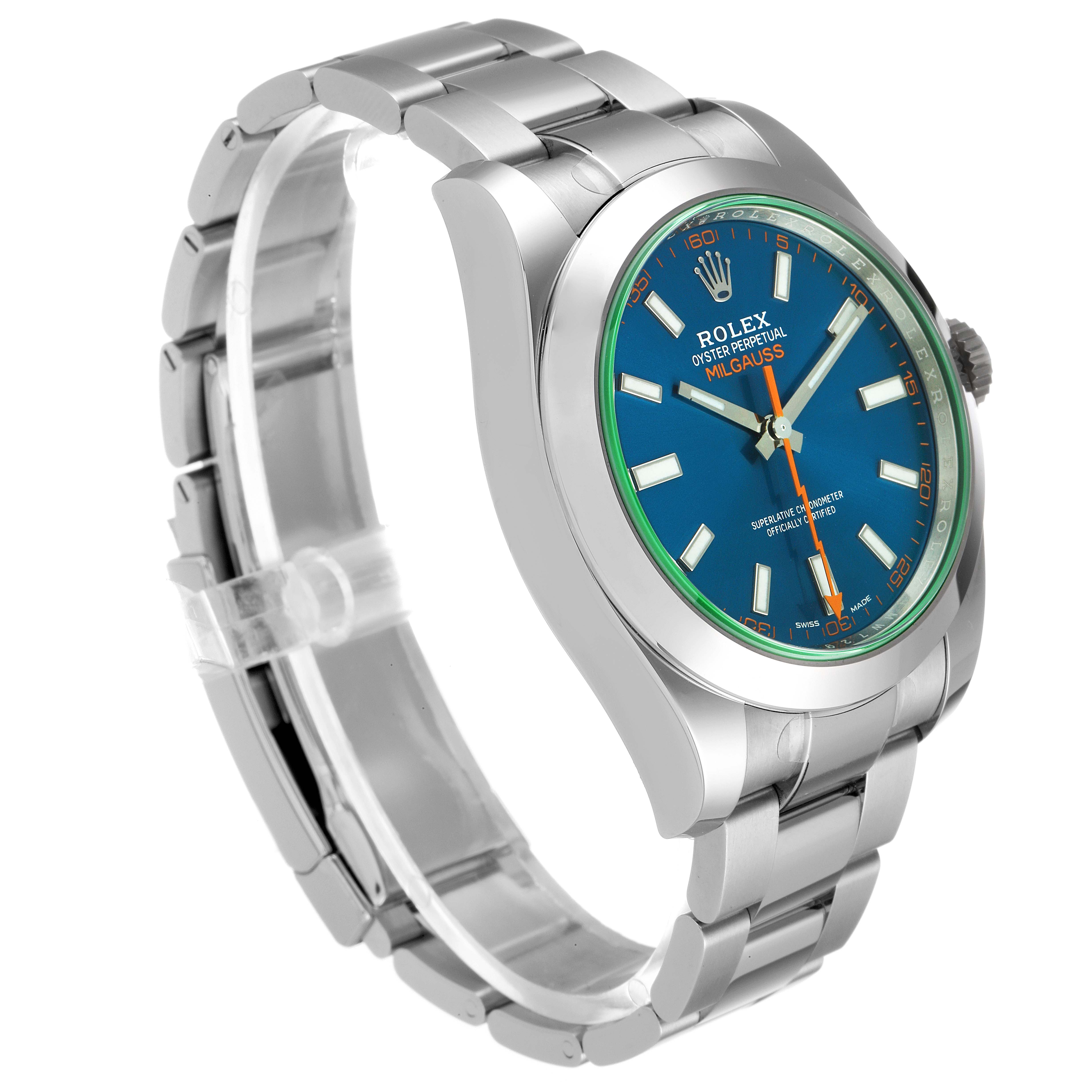 This image shows a side angle view of a Rolex Milgauss 116400GV Men
s Stainless Steel Blue Dial 116400GV Men
s Stainless Steel Blue Dial watch, displaying its blue dial, orange seconds hand, and stainless steel bracelet.