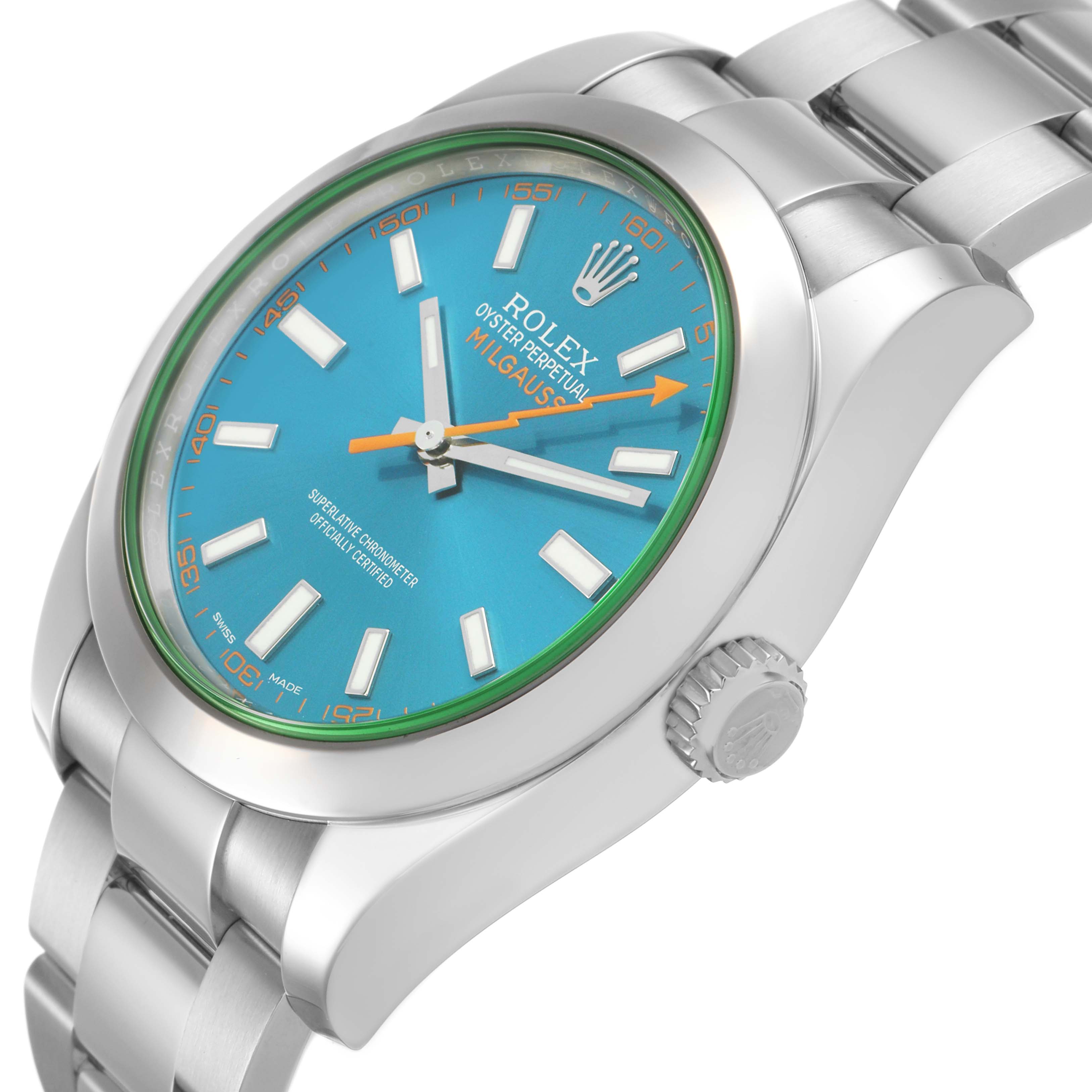 The image shows a Rolex Milgauss M116400GV Men's Stainless Steel Blue Dial watch at a slight side angle, highlighting the dial, bezel, crown, and part of the bracelet.