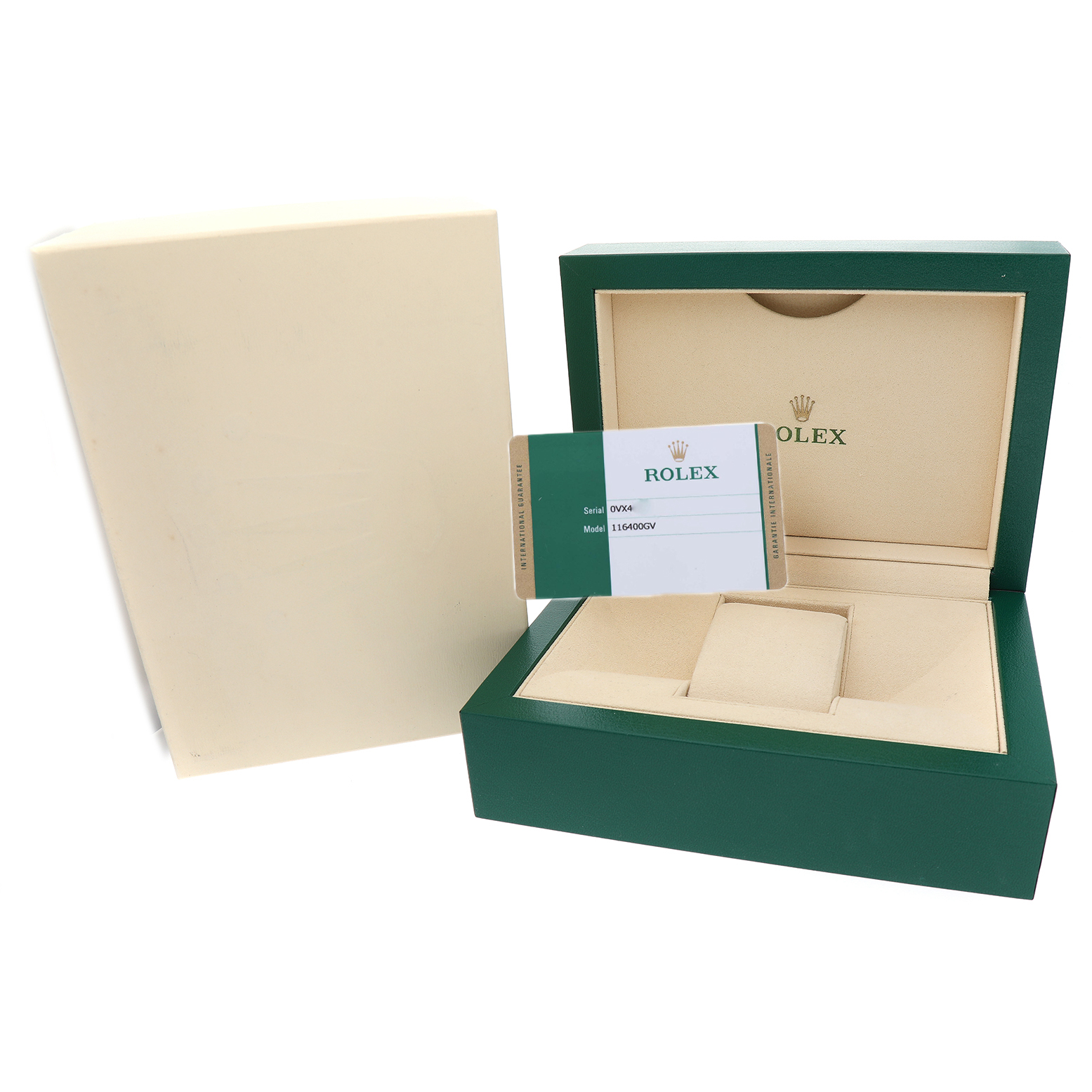 The image shows a Rolex Milgauss M116400GV Men's Stainless Steel Blue Dial watch box, cushion, and warranty card at an angle displaying the interior.