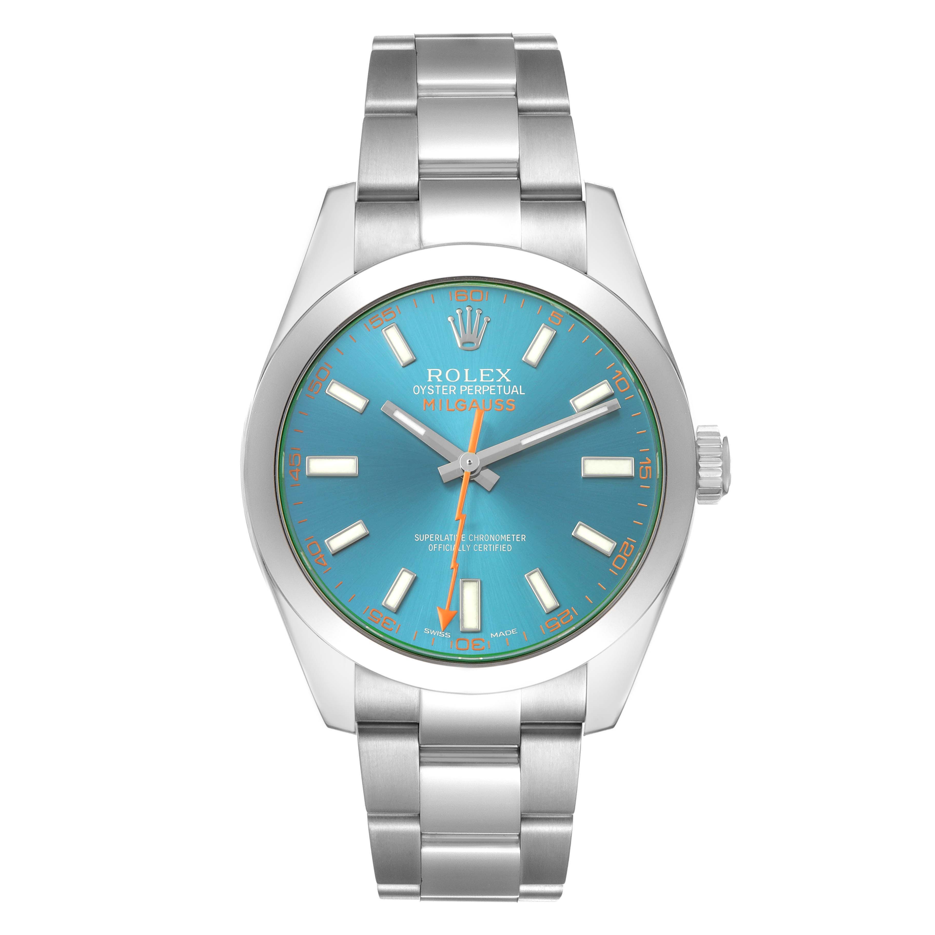 The Rolex Milgauss M116400GV Men's Stainless Steel Blue Dial watch is shown from the front, highlighting its blue dial, hands, indices, and stainless steel bracelet.