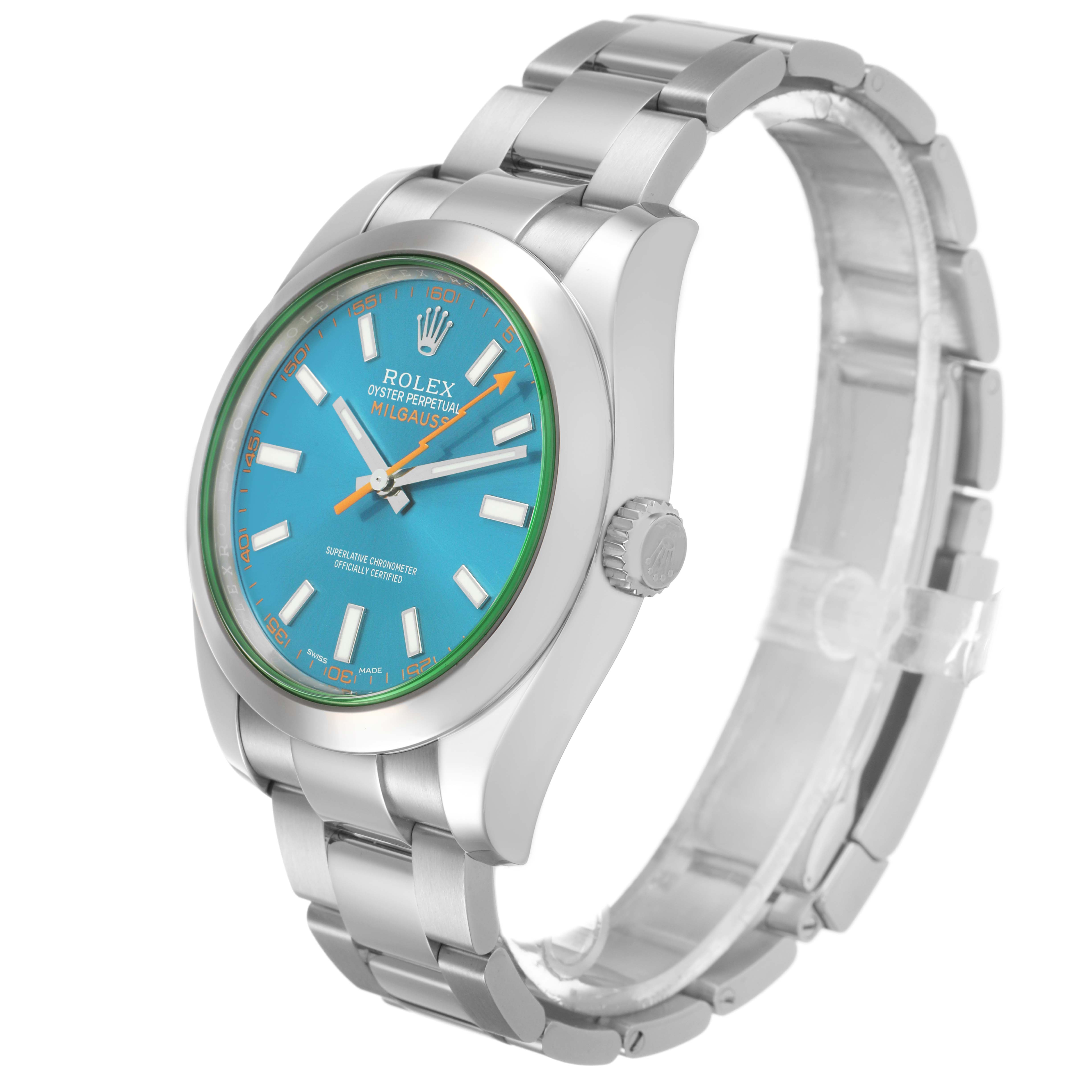 The Rolex Milgauss M116400GV Men's Stainless Steel Blue Dial watch is shown at a three-quarter angle, displaying the face, bezel, crown, and bracelet.