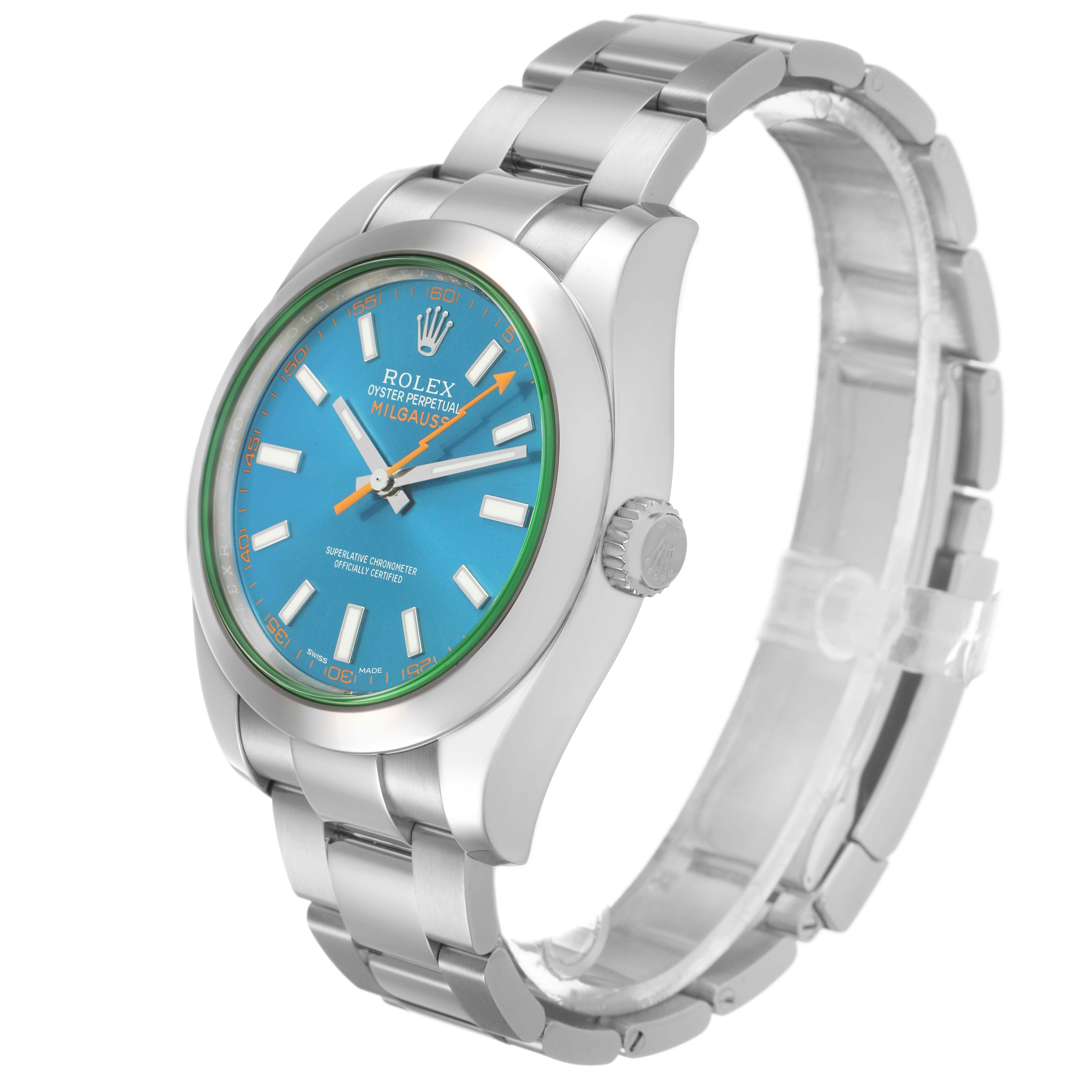 The Rolex Milgauss M116400GV Men's Stainless Steel Blue Dial watch is shown from a three-quarter angle, highlighting the face, bezel, and bracelet.