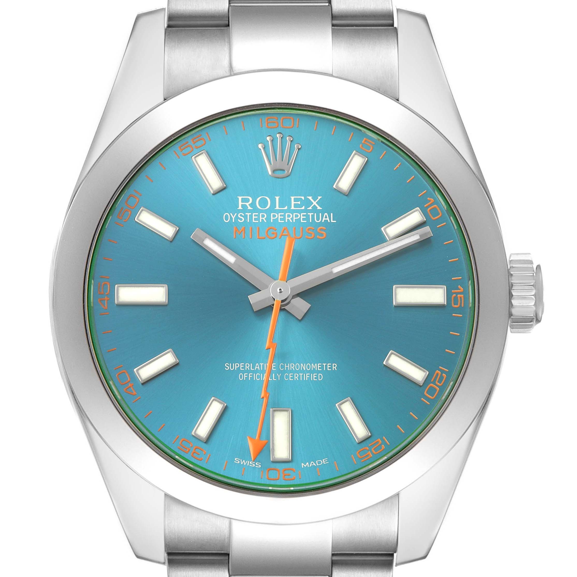 The Rolex Milgauss M116400GV Men's Stainless Steel Blue Dial watch is shown from a front angle, highlighting the dial, case, and part of the bracelet.