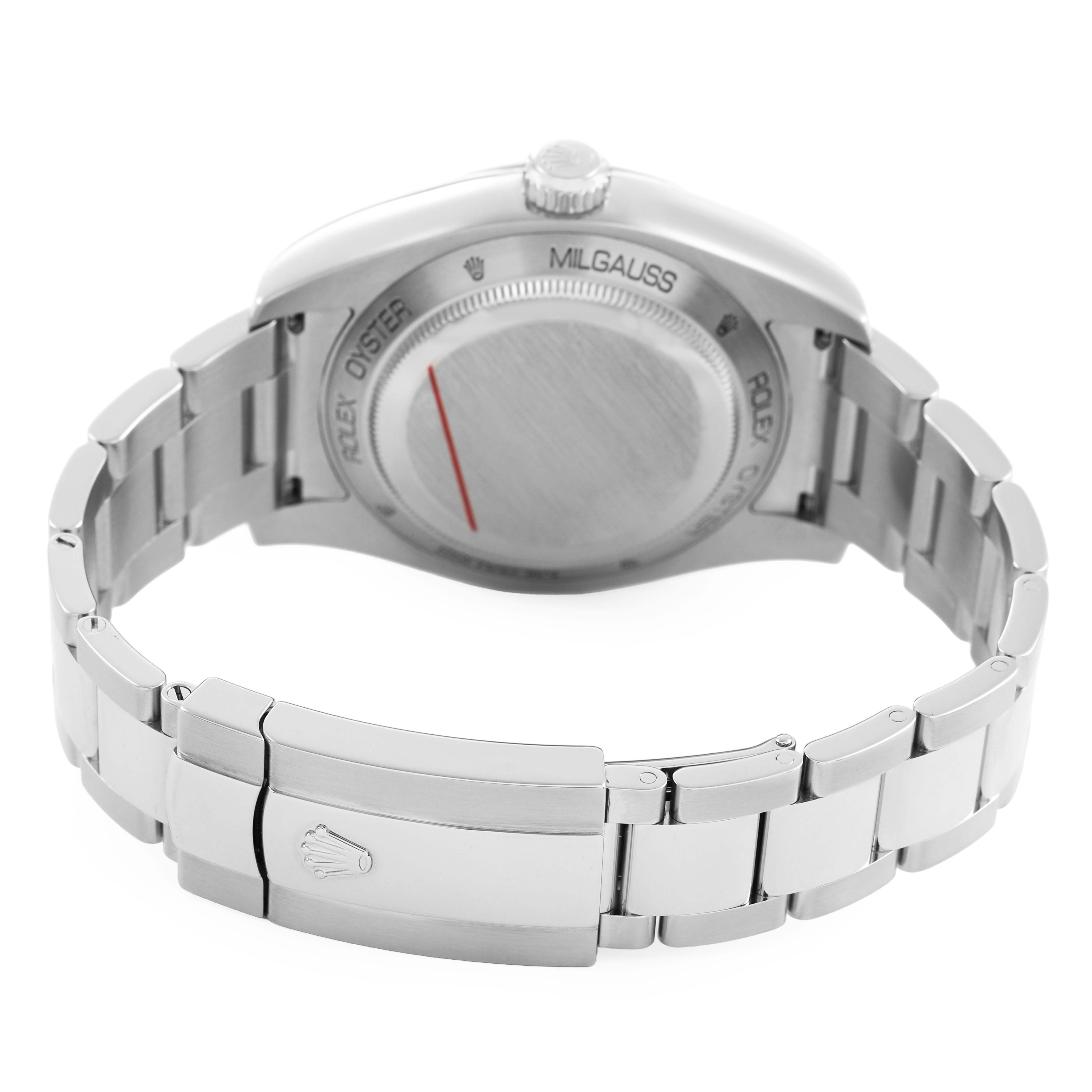 The image shows the back of a Rolex Milgauss M116400GV Men's Stainless Steel Blue Dial watch, highlighting the case back and part of the bracelet clasp.