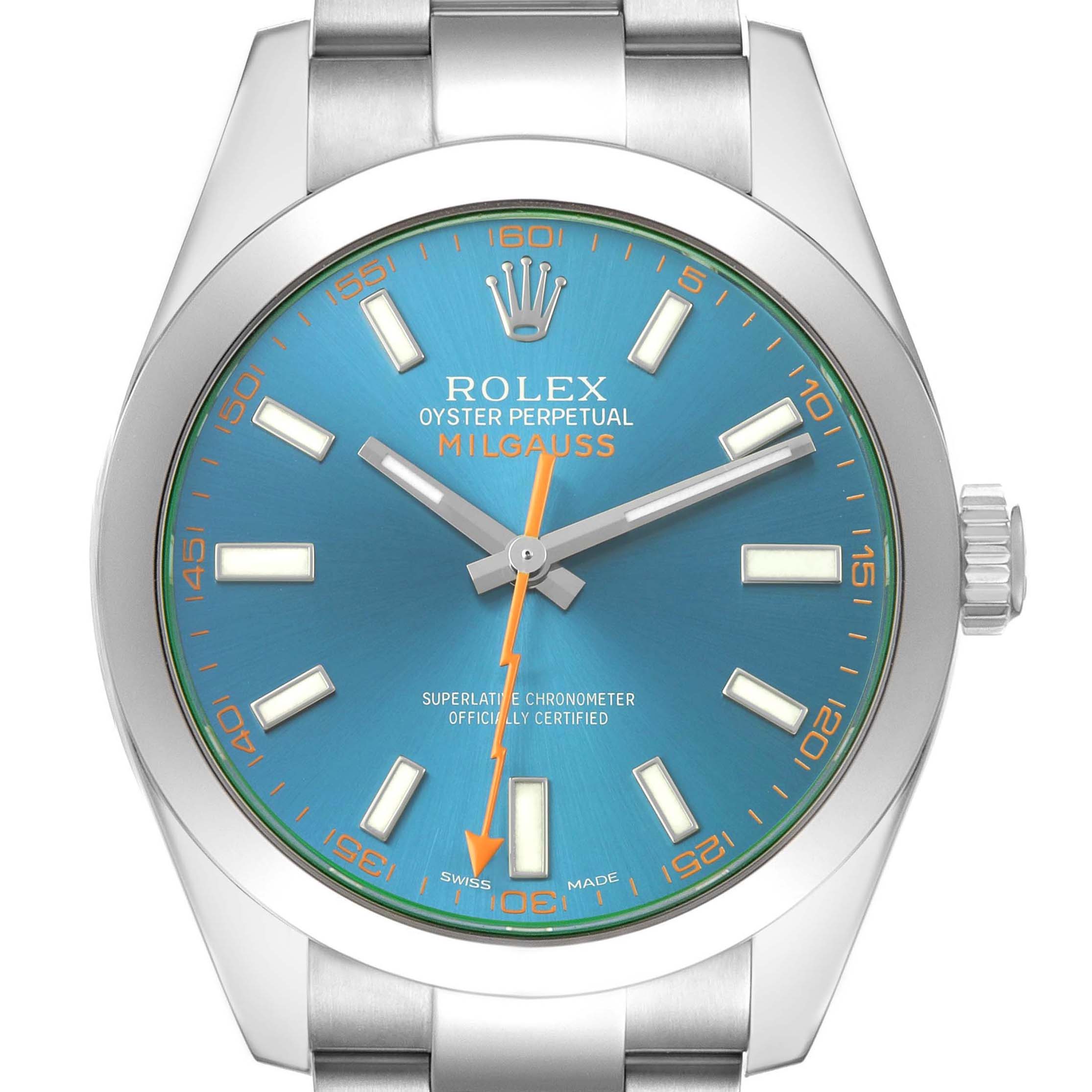 The image shows a front view of the Rolex Milgauss M116400GV Men's Stainless Steel Blue Dial watch, highlighting its blue dial, luminous markers, crown, and bracelet.