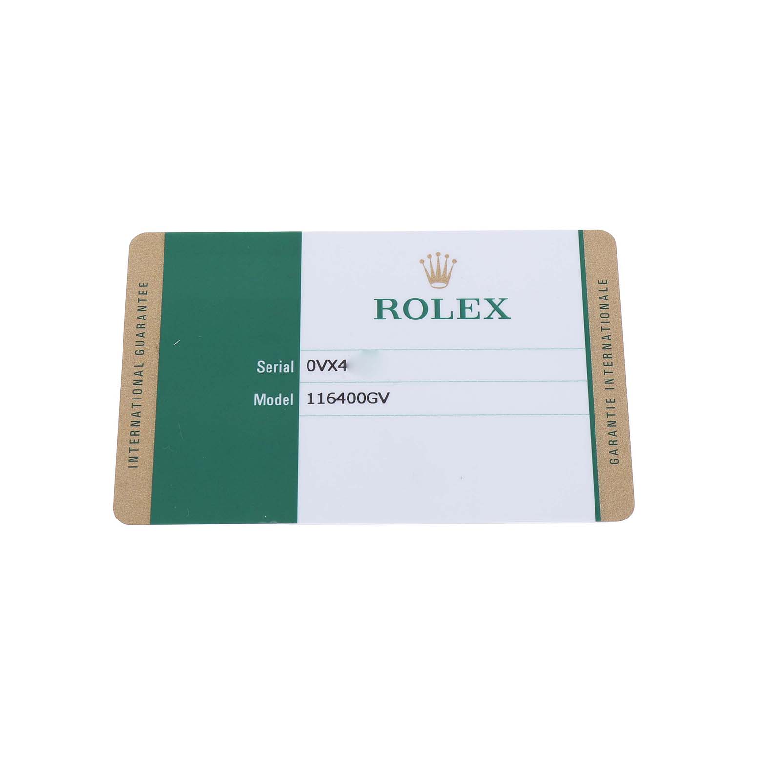 The image shows a Rolex Milgauss M116400GV Men's Stainless Steel Blue Dial model warranty card displaying serial and model numbers from a top-down angle.