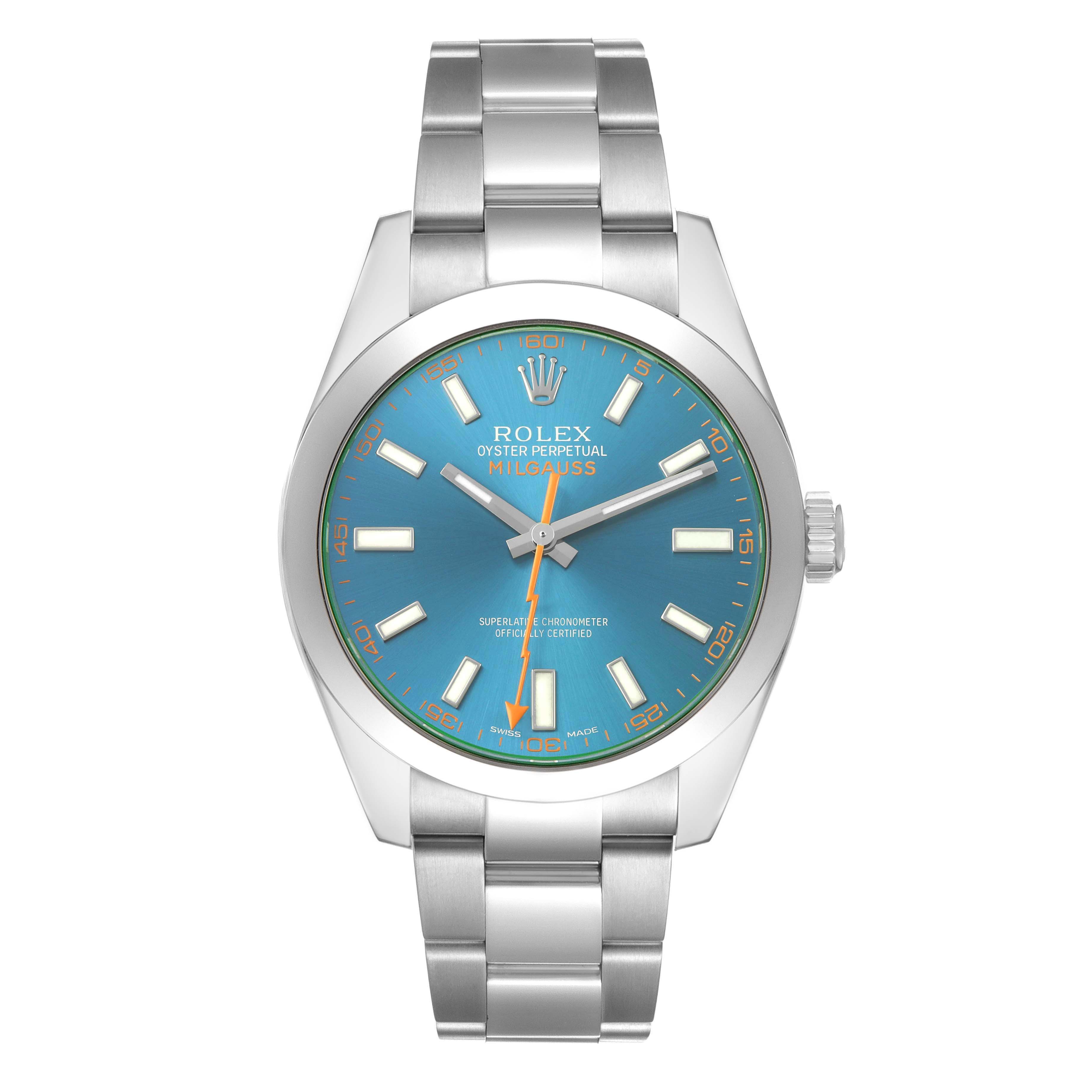 The Rolex Milgauss M116400GV Men's Stainless Steel Blue Dial watch is shown from the front angle, displaying its dial, markers, hands, and bracelet.