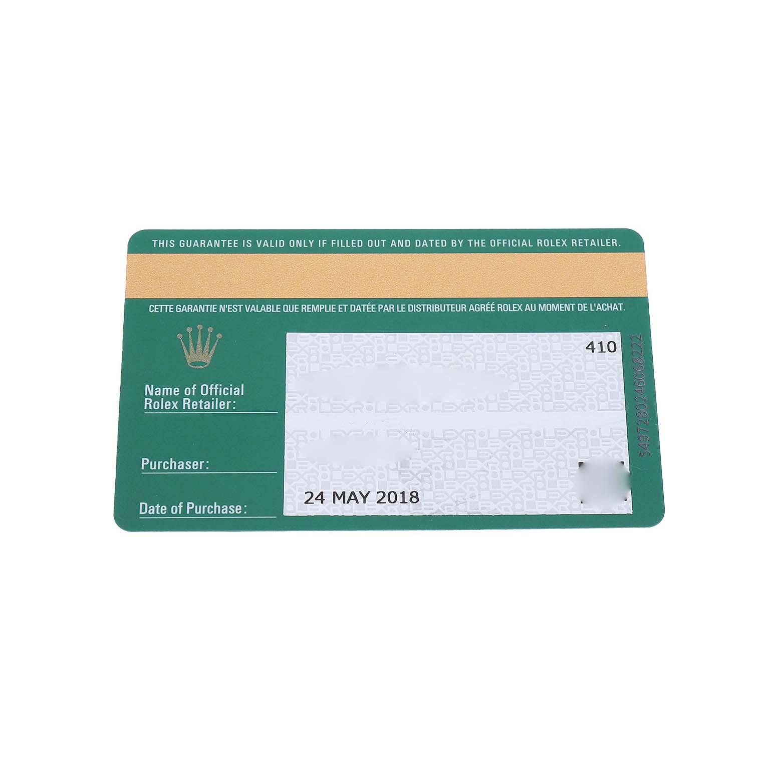 The image shows a guarantee card for the Rolex Milgauss M116400GV Men's Stainless Steel Blue Dial, displaying purchase information and a dealer stamp.