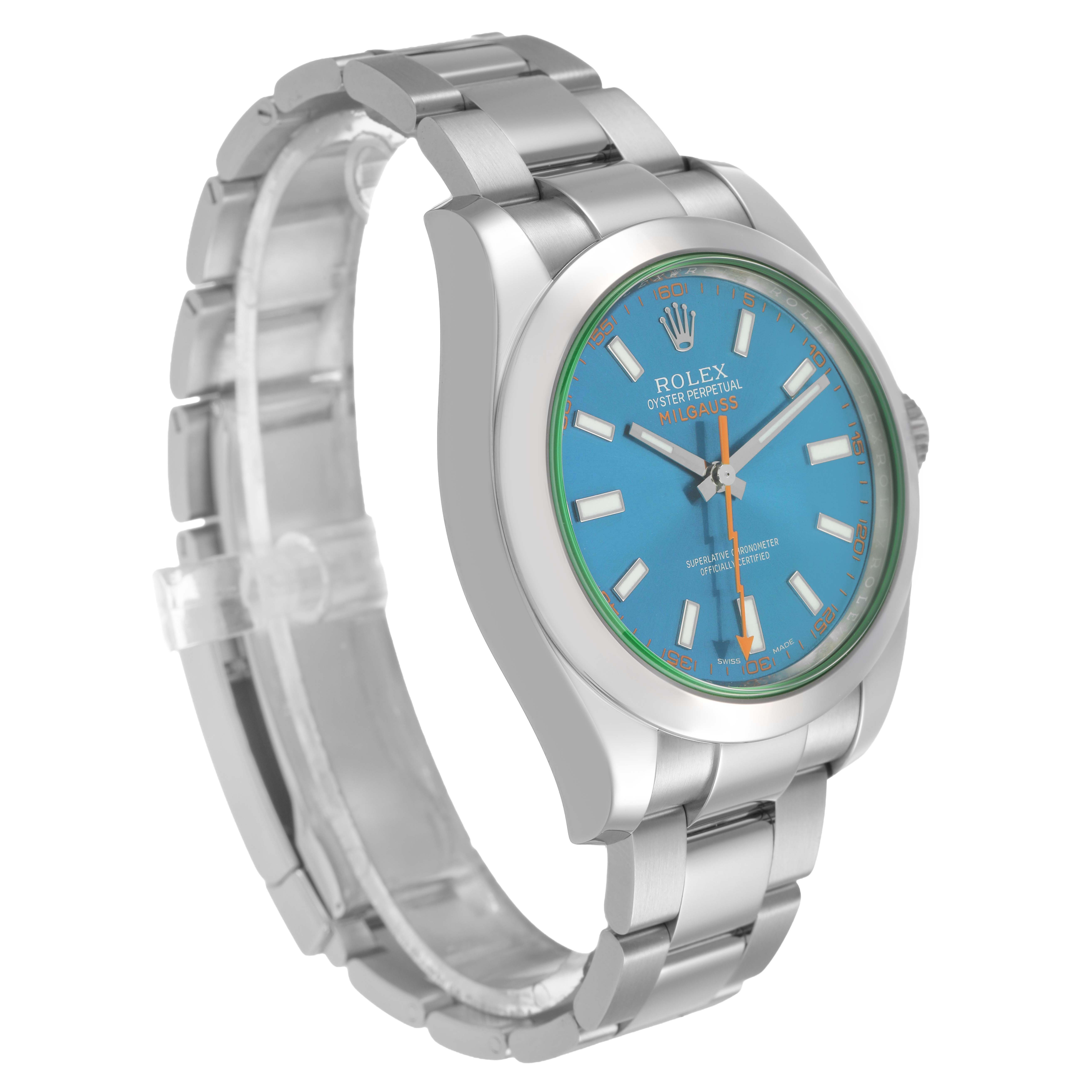 The Rolex Milgauss M116400GV Men's Stainless Steel Blue Dial watch is shown at a three-quarter angle, highlighting the face, bezel, and part of the bracelet.
