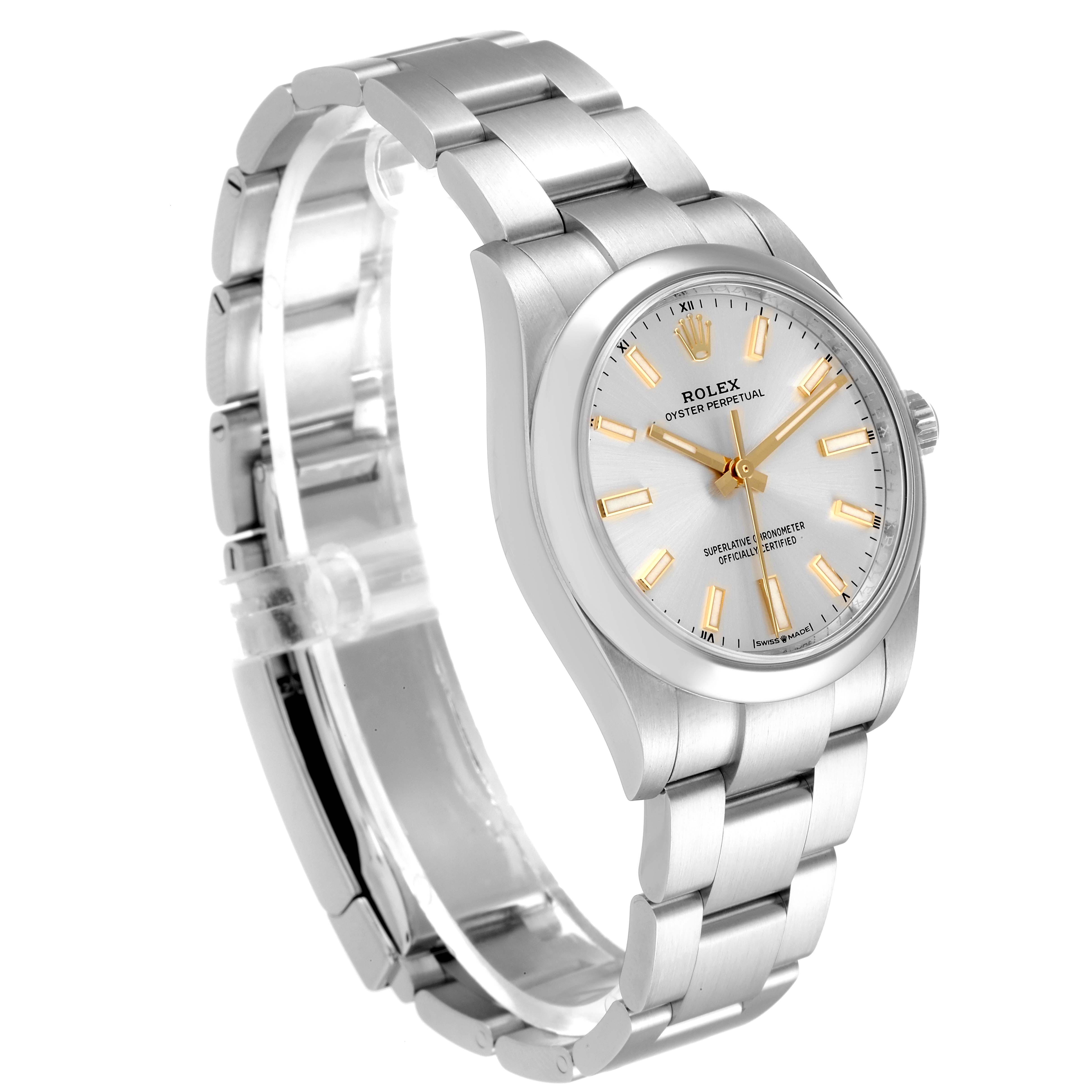 The image shows a Rolex Oyster Perpetual 124200 Men
s Stainless Steel Silver Dial 124200 Men
s Stainless Steel Silver Dial watch, angled to display the face, bracelet, and clasp.
