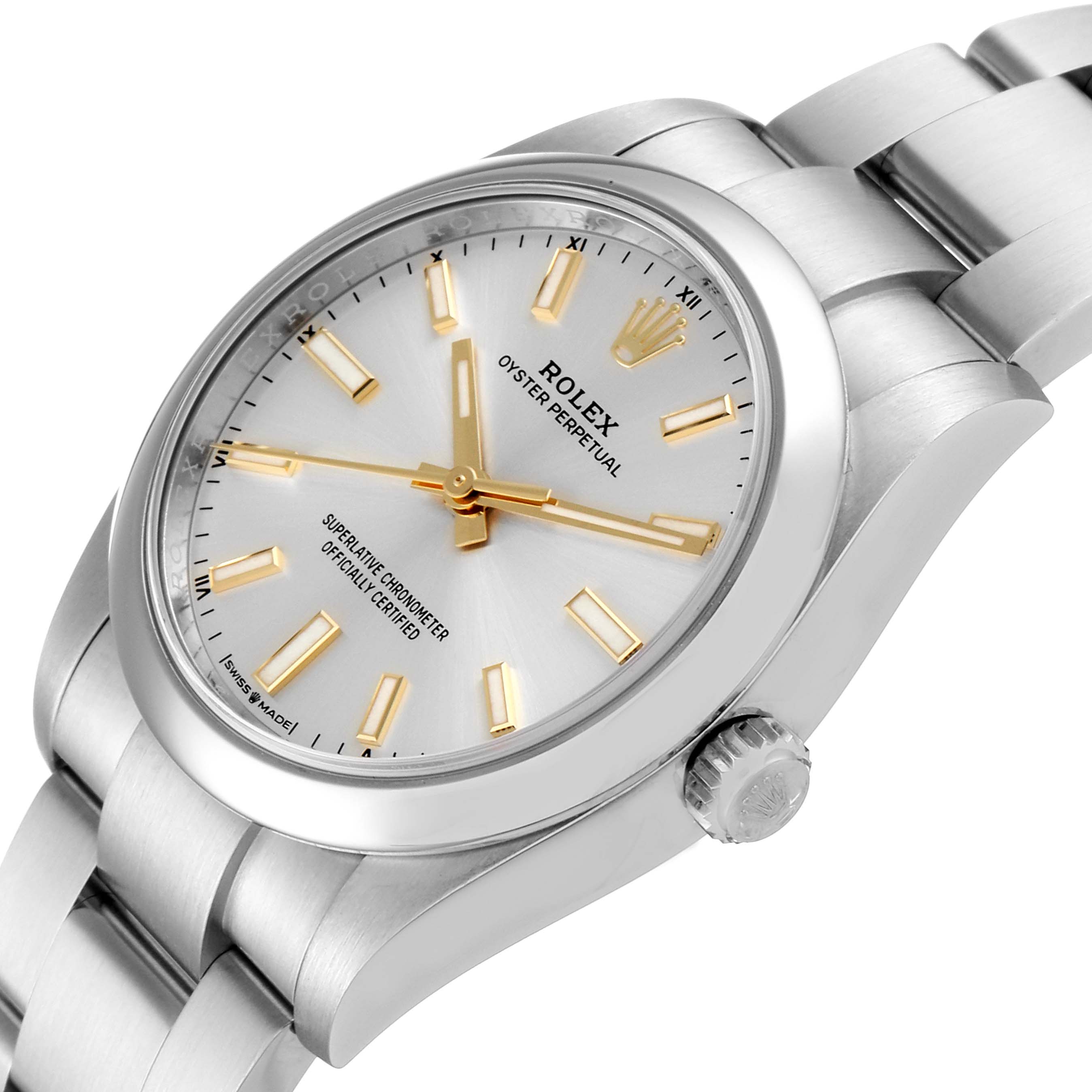 The image shows a close-up angled view of a Rolex Oyster Perpetual 124200 Men
s Stainless Steel Silver Dial 124200 Men
s Stainless Steel Silver Dial watch, highlighting the dial, bezel, crown, and bracelet.