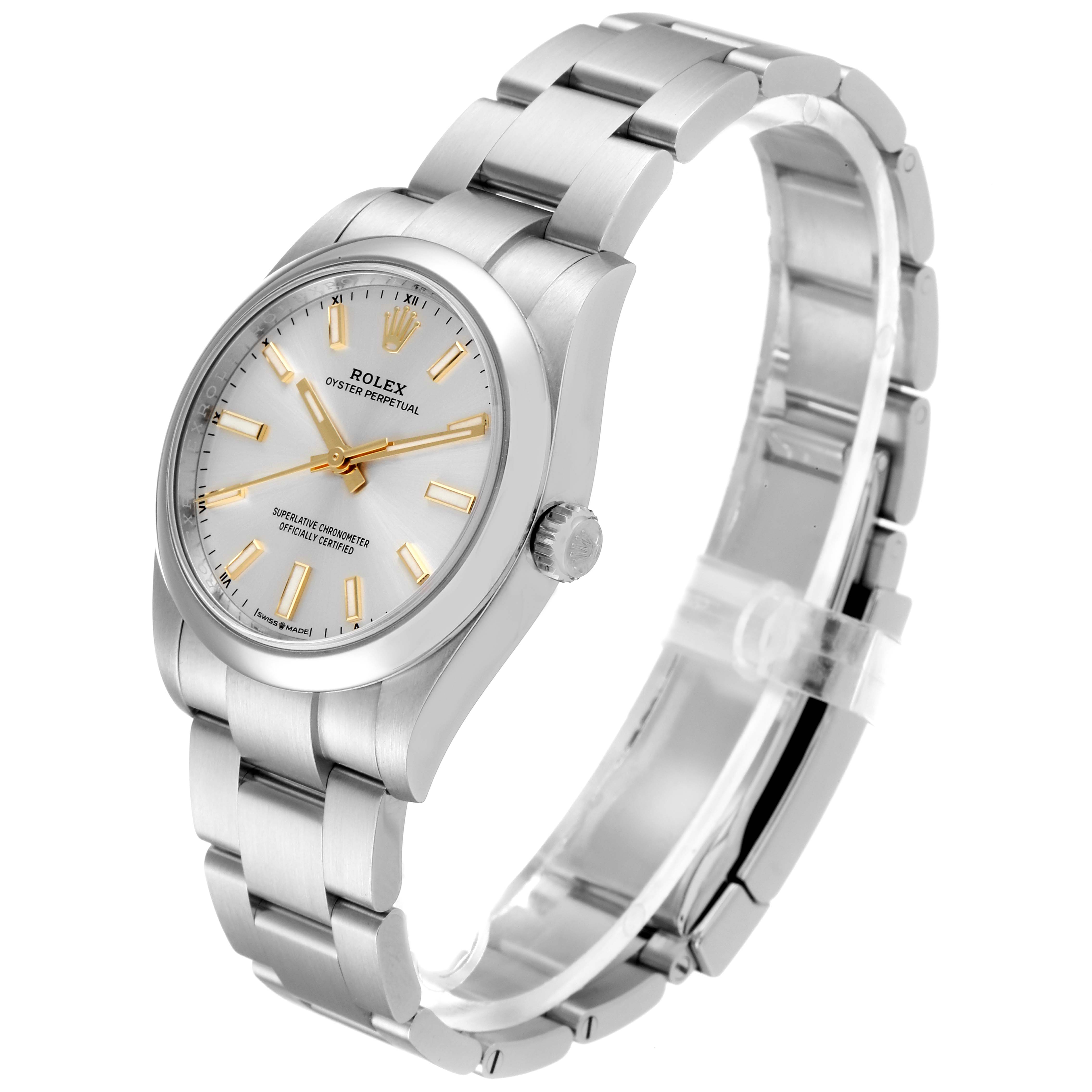 The image shows a Rolex Oyster Perpetual 124200 Men
s Stainless Steel Silver Dial 124200 Men
s Stainless Steel Silver Dial watch from a 3/4 angle, highlighting the bracelet, crown, and dial.