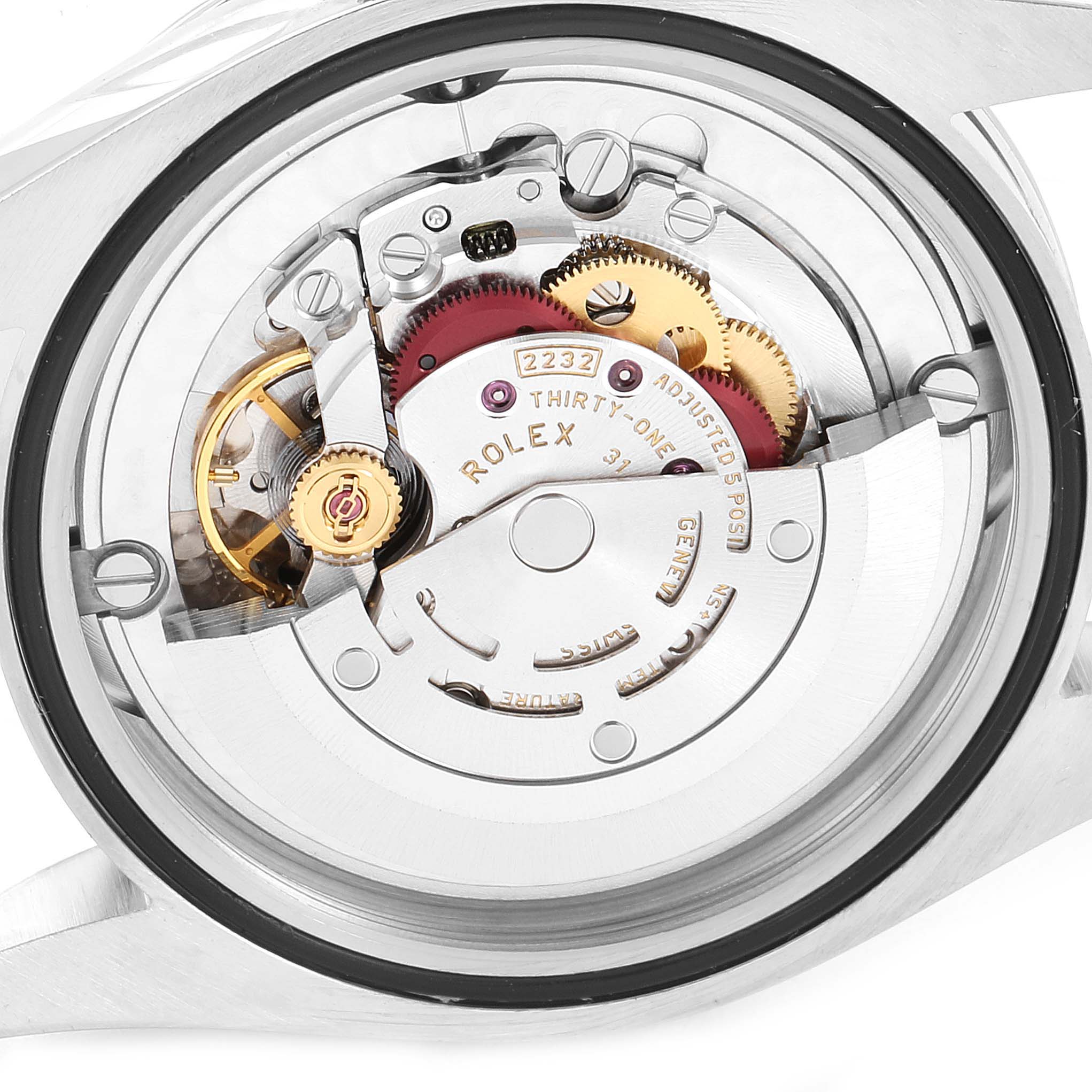 The image shows the inner mechanical movement of a Rolex Oyster Perpetual 124200 Men
s Stainless Steel Silver Dial 124200 Men
s Stainless Steel Silver Dial watch from a rear angle.