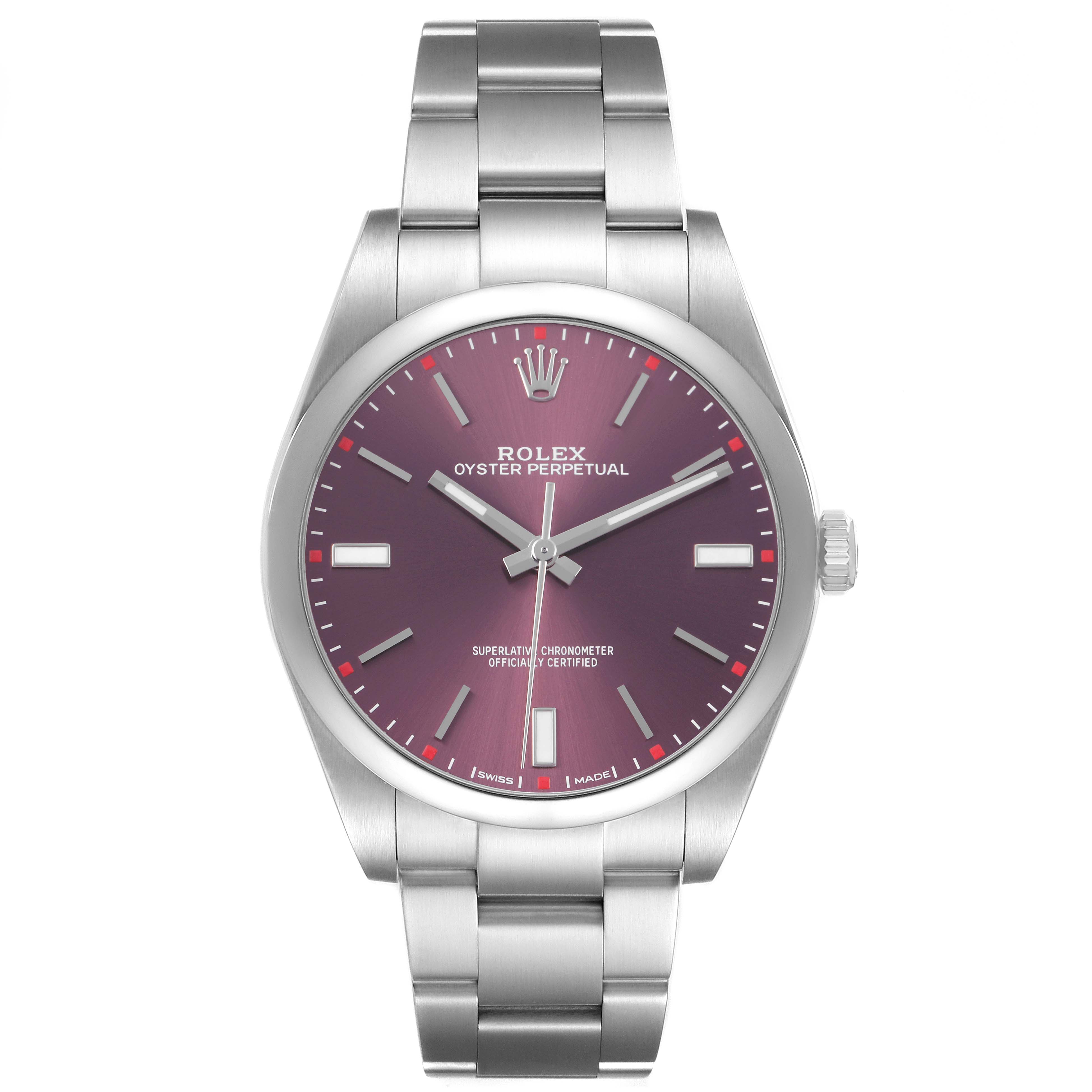 The image shows a front view of the Rolex Oyster Perpetual 114300 Men's Stainless Steel Purple Dial watch, displaying the face, bezel, and bracelet.