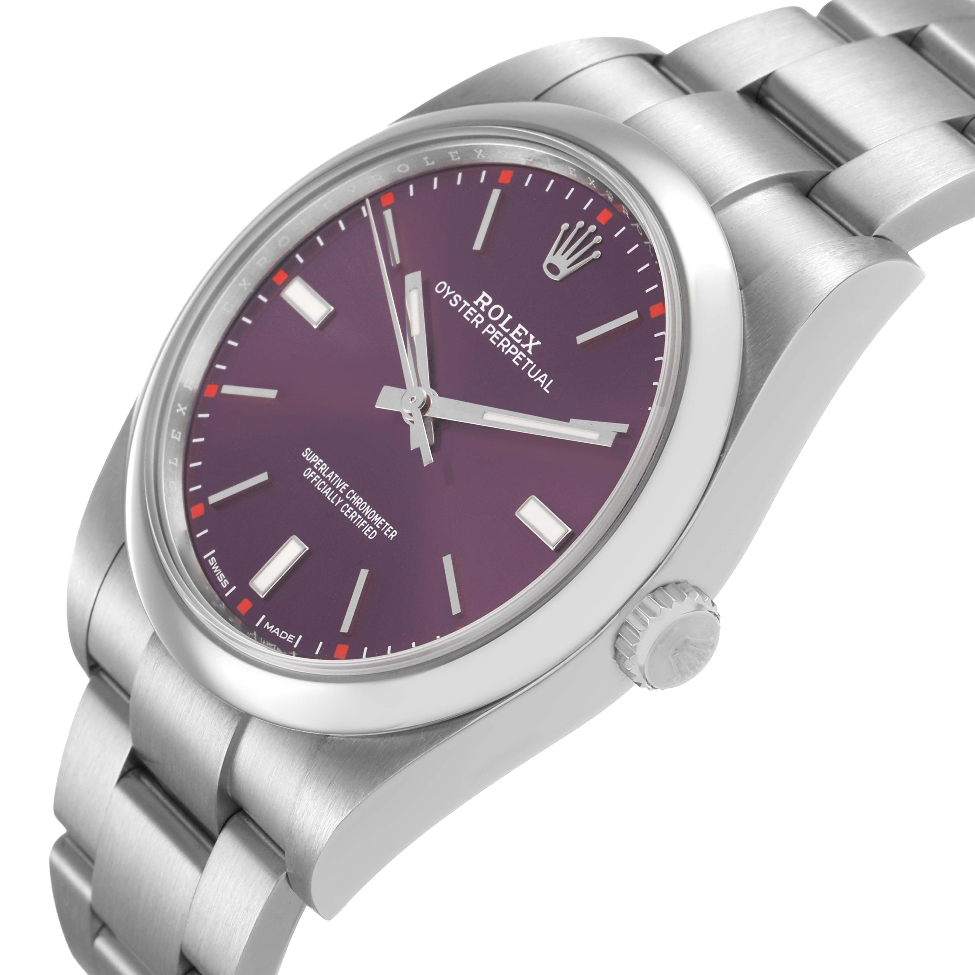 The Rolex Oyster Perpetual 114300 Men's Stainless Steel Purple Dial watch is shown at an angle highlighting the dial, crown, and part of the bracelet.
