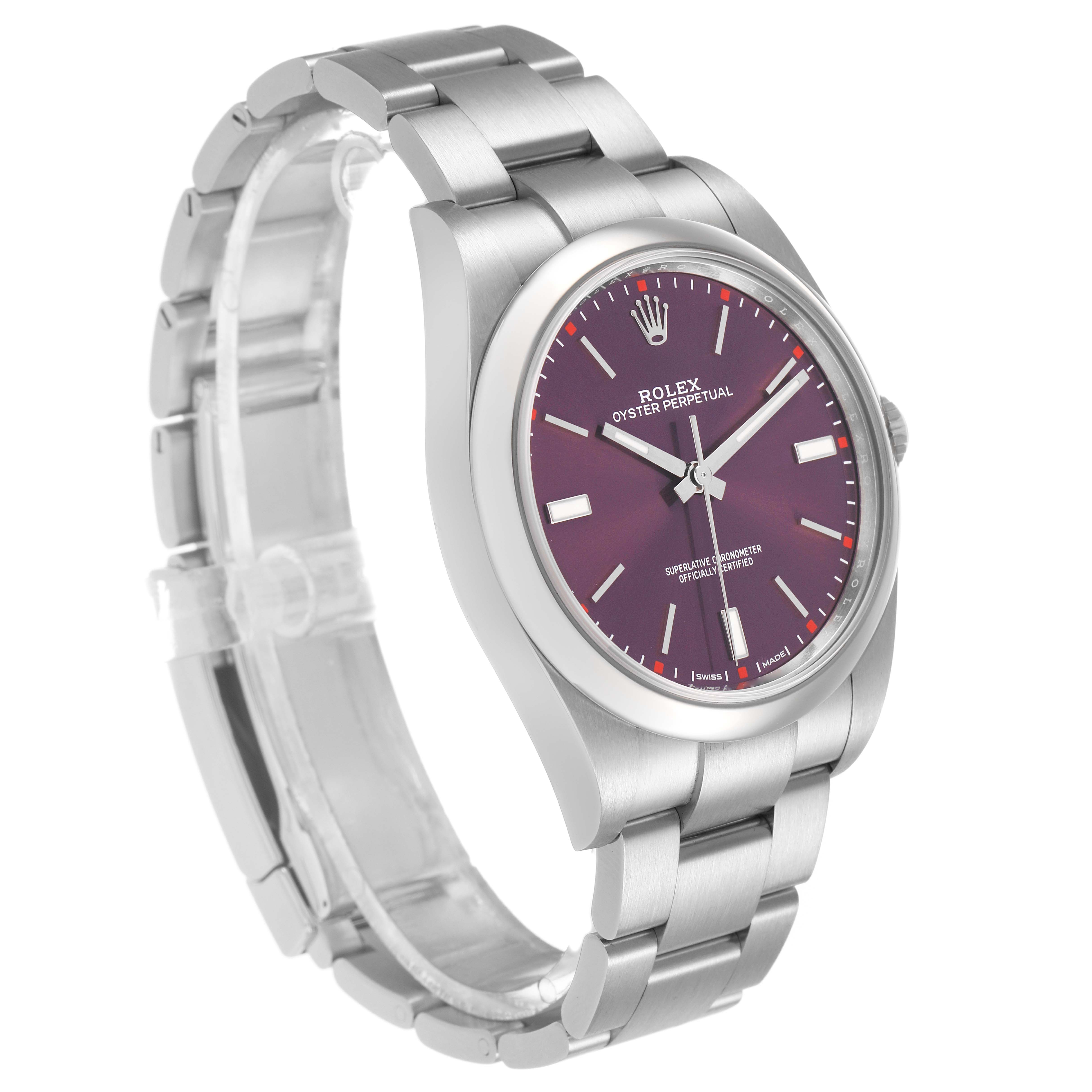 The Rolex Oyster Perpetual 114300 Men's Stainless Steel Purple Dial watch is shown at a slight angle, highlighting the purple dial, bezel, and bracelet.