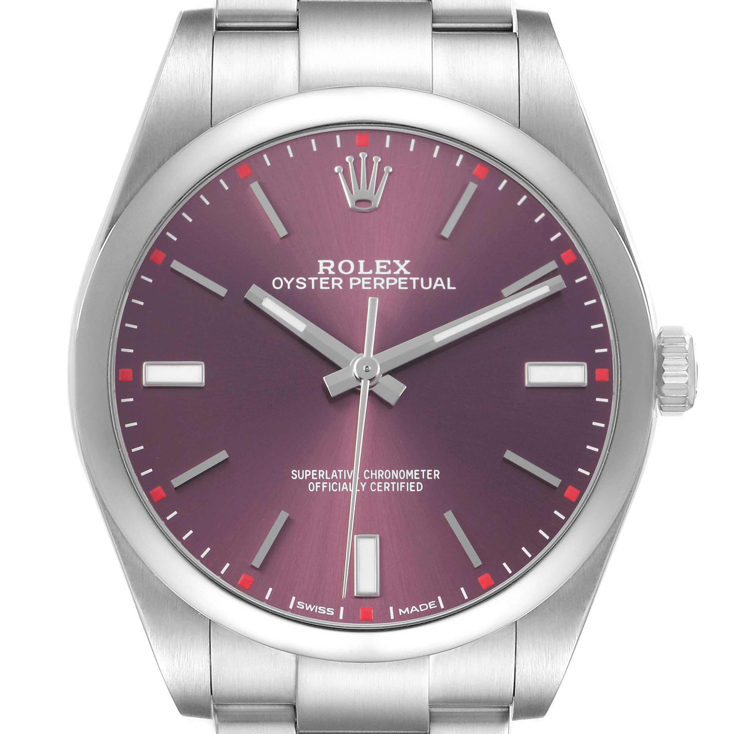 The Rolex Oyster Perpetual 114300 Men's Stainless Steel Purple Dial watch is shown from a front angle, highlighting the dial, case, and part of the bracelet.