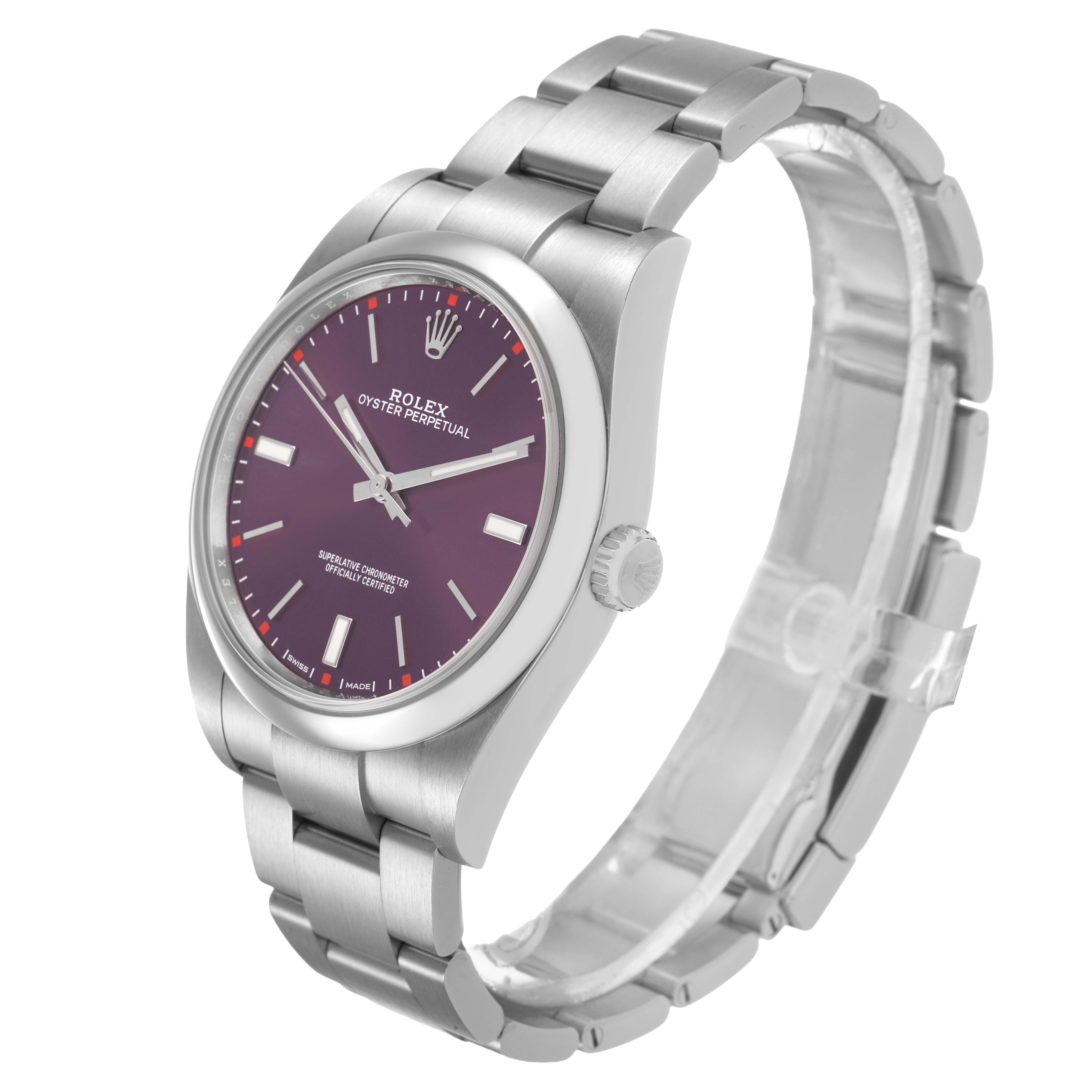 The Rolex Oyster Perpetual 114300 Men's Stainless Steel Purple Dial is shown in a three-quarter side view, displaying the watch face, crown, and bracelet.
