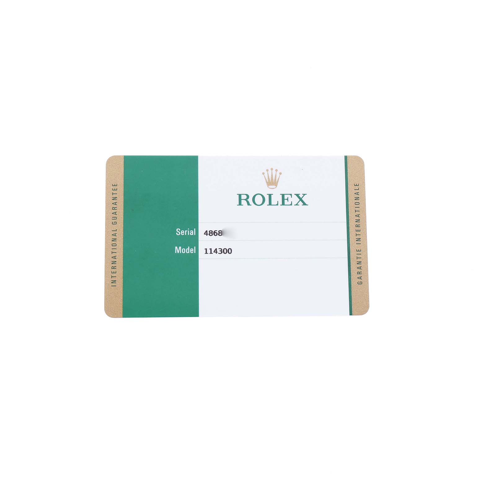 The image shows the International Guarantee card for the Rolex Oyster Perpetual 114300 Men's Stainless Steel Purple Dial, model 114300.