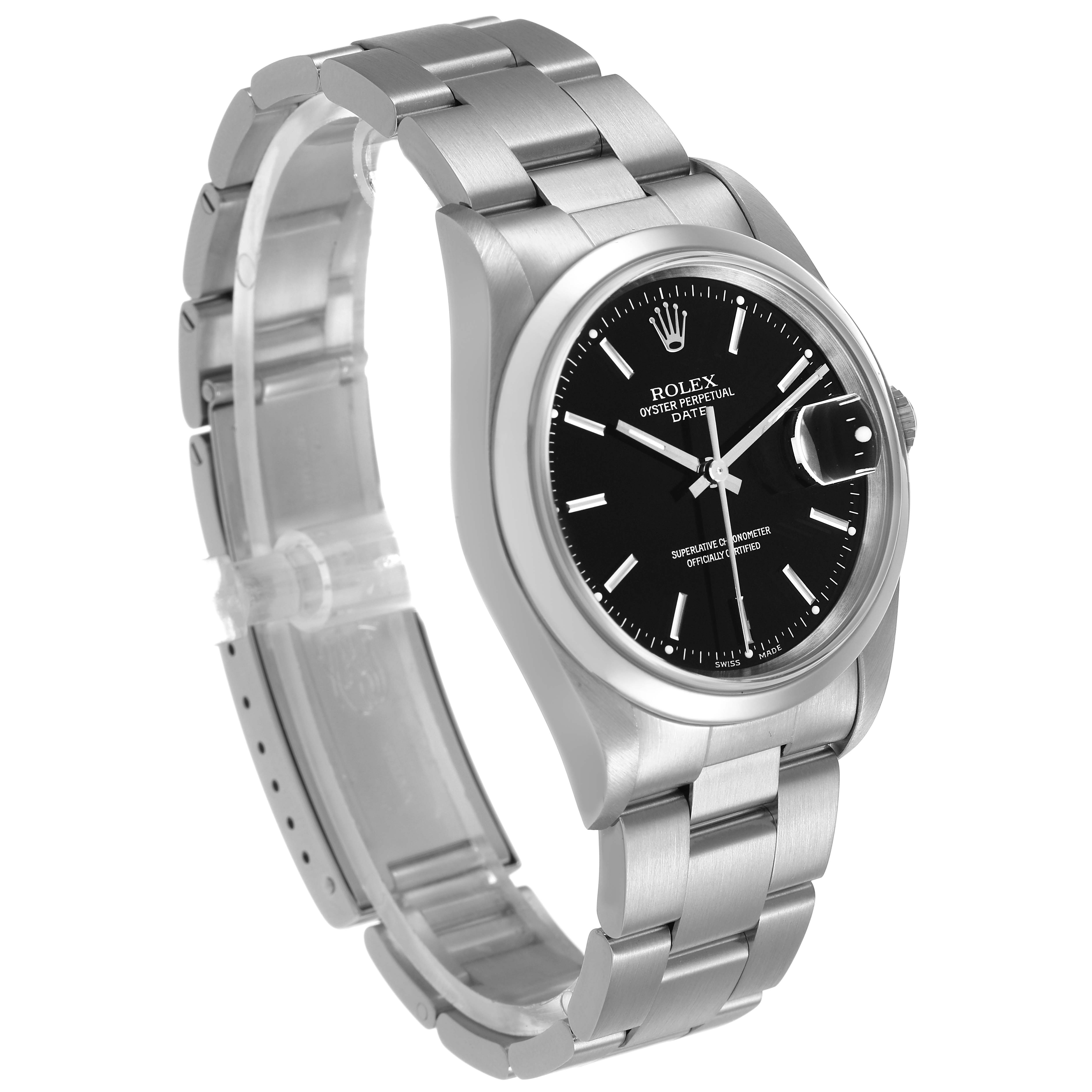 The Rolex Oyster Perpetual 15200 Men's Stainless Steel Black Dial watch is shown at a three-quarter angle, displaying the face, bezel, and metal bracelet.