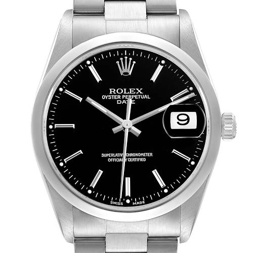 The Rolex Oyster Perpetual 15200 Men's Stainless Steel Black Dial is shown from the front, displaying the dial, crown, and part of the bracelet.