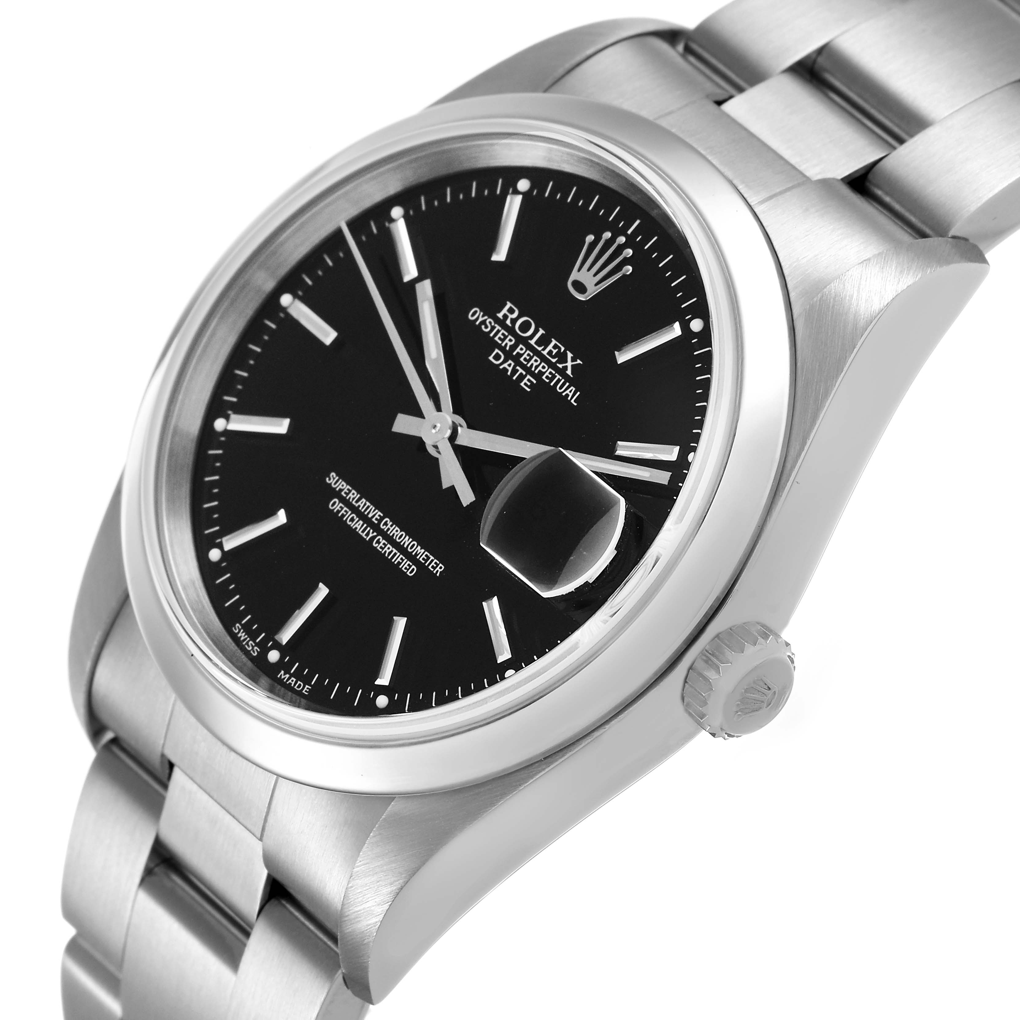 The Rolex Oyster Perpetual 15200 Men's Stainless Steel Black Dial watch is shown at a three-quarter angle, highlighting the dial, bezel, and bracelet links.
