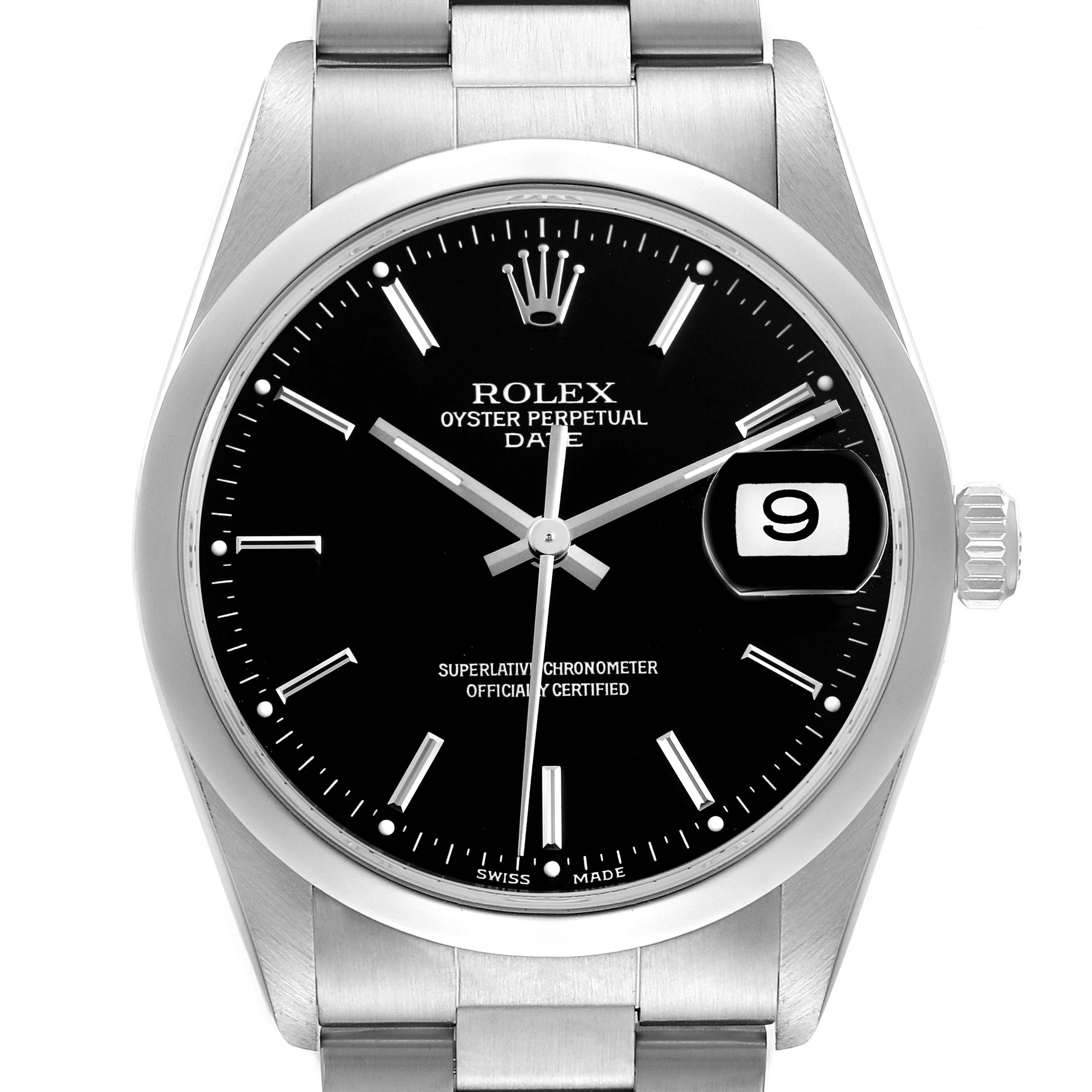 The Rolex Oyster Perpetual 15200 Men's Stainless Steel Black Dial watch is shown front-facing, displaying the dial, bezel, and part of the bracelet.