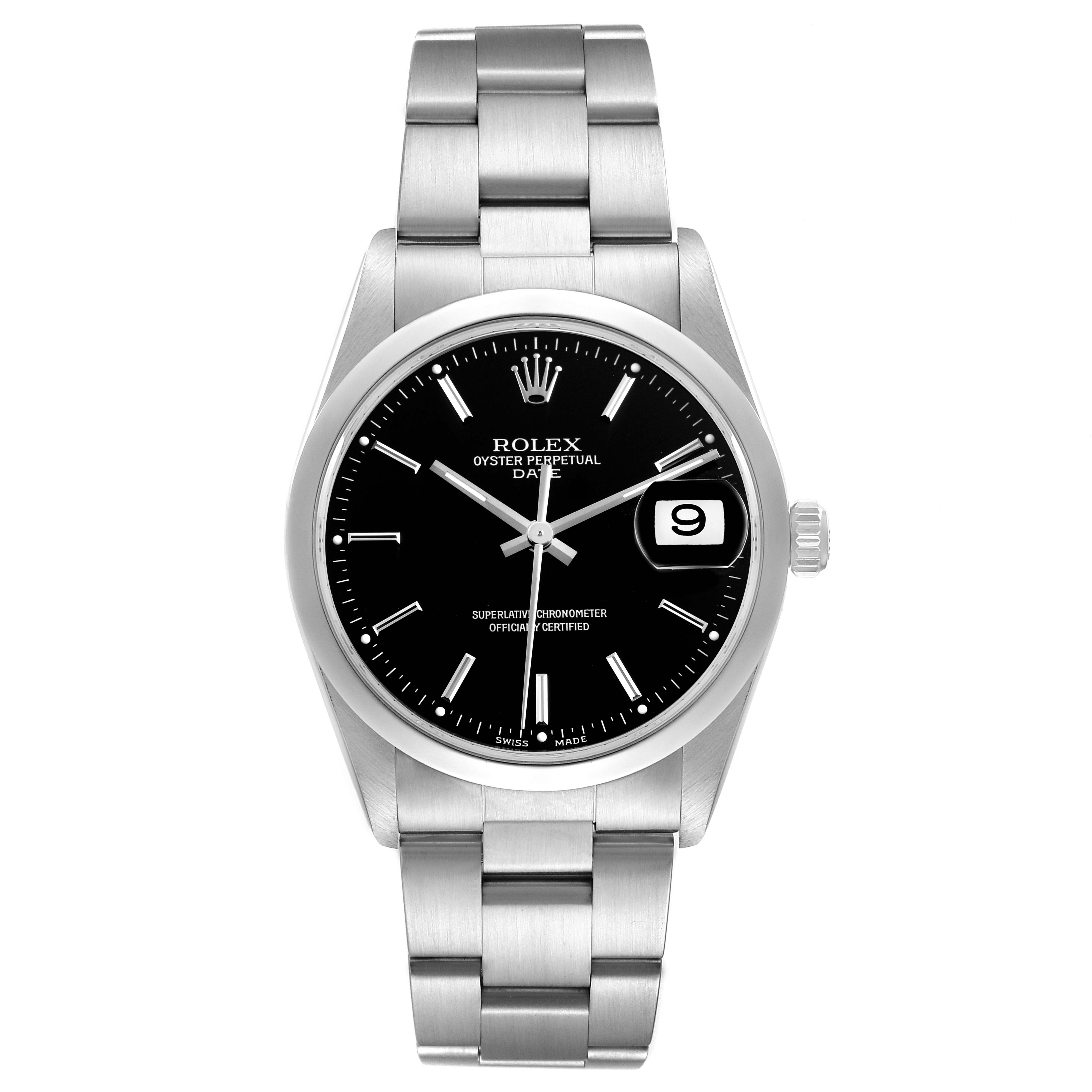 The Rolex Oyster Perpetual 15200 Men's Stainless Steel Black Dial watch is shown from the front, highlighting its black dial, date function, and stainless steel bracelet.