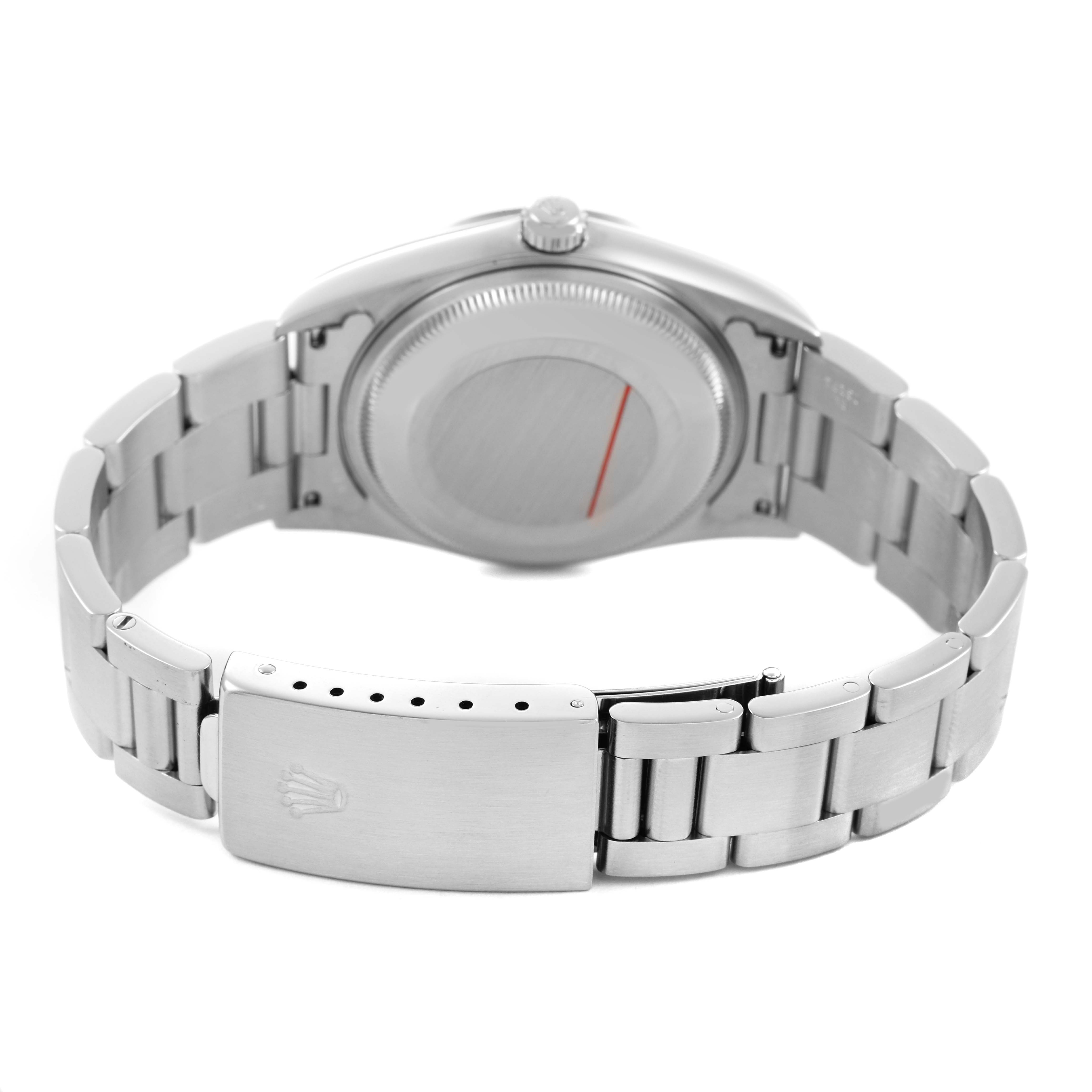 The image shows the back view of a Rolex Oyster Perpetual 15200 Men's Stainless Steel Black Dial watch, highlighting its bracelet and clasp.