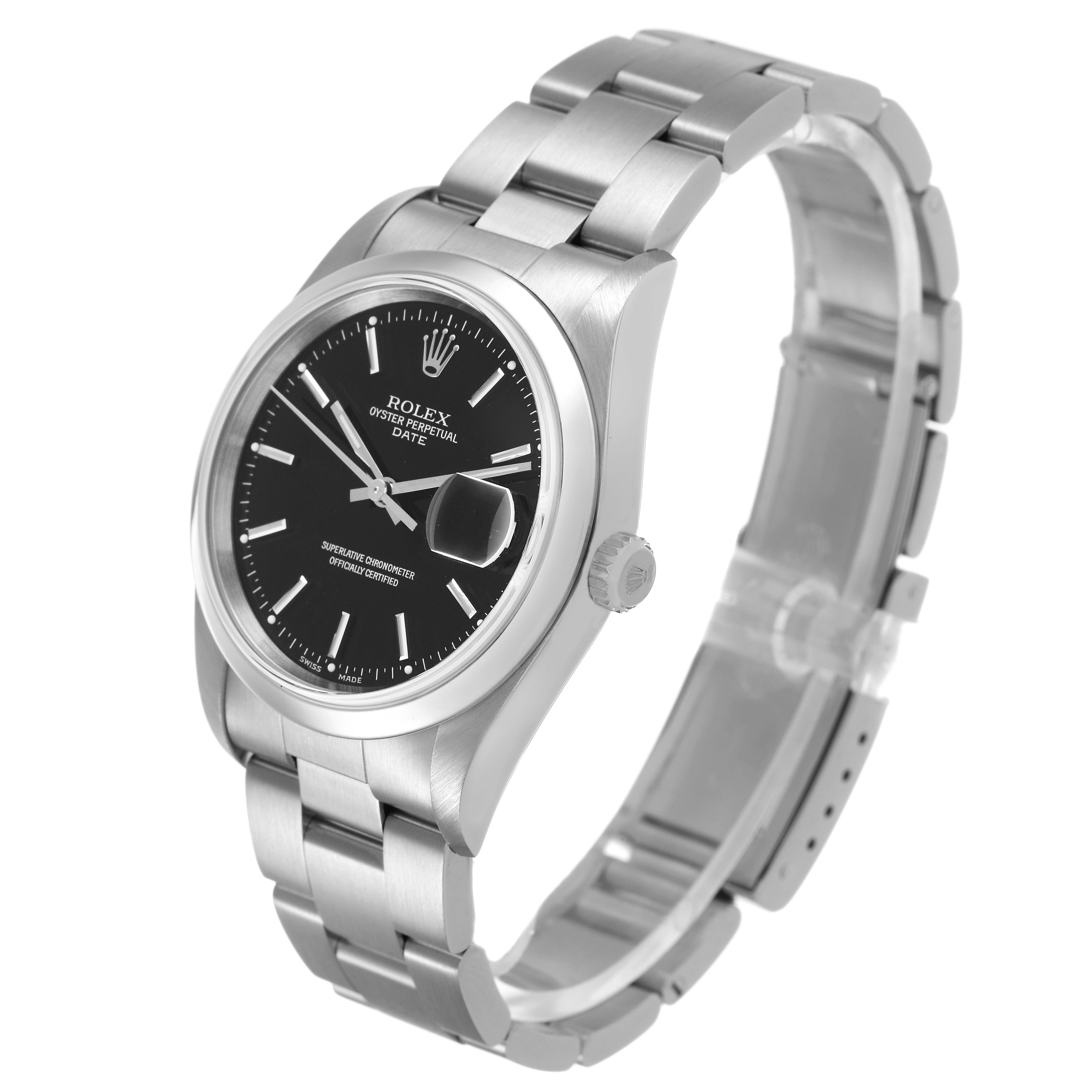 The Rolex Oyster Perpetual 15200 Men's Stainless Steel Black Dial model is shown at a three-quarter angle, highlighting the watch face, bezel, bracelet, and crown.