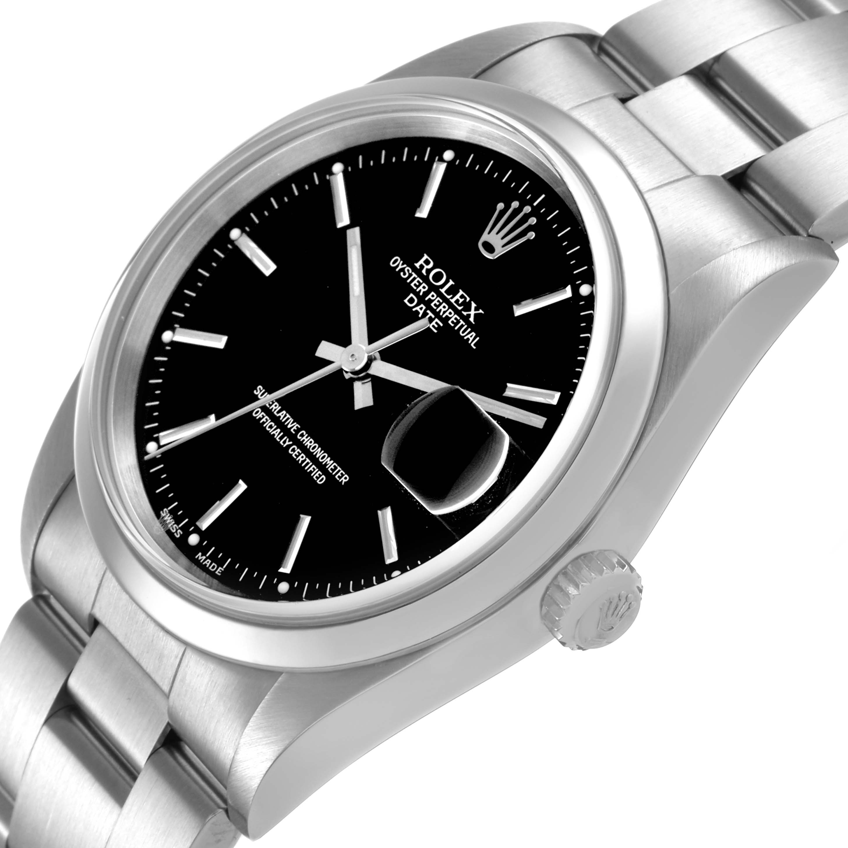The Rolex Oyster Perpetual 15200 Men's Stainless Steel Black Dial watch is shown at an angled close-up, highlighting the black dial, bezel, crown, and bracelet.